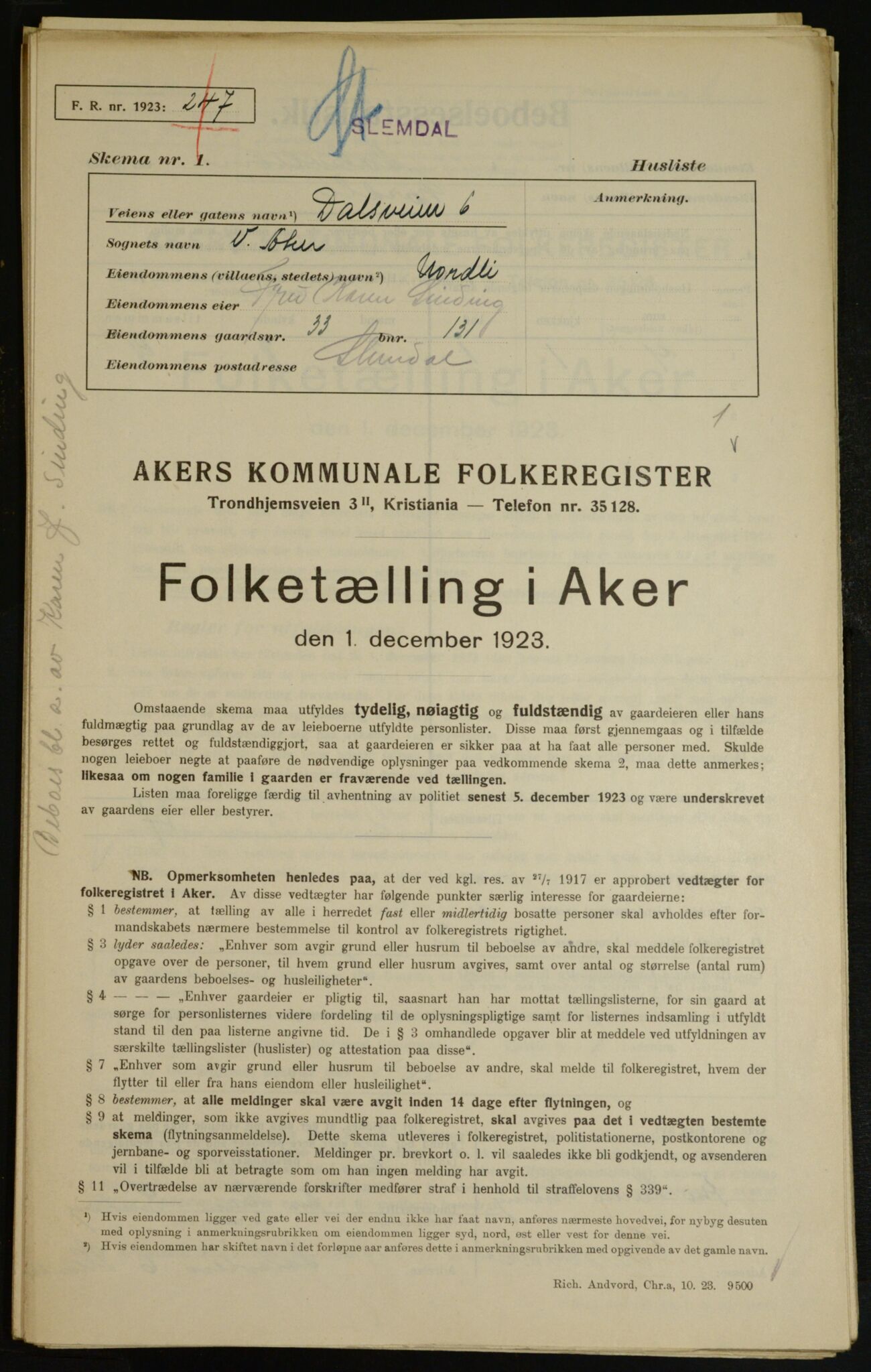 , Municipal Census 1923 for Aker, 1923, p. 8849