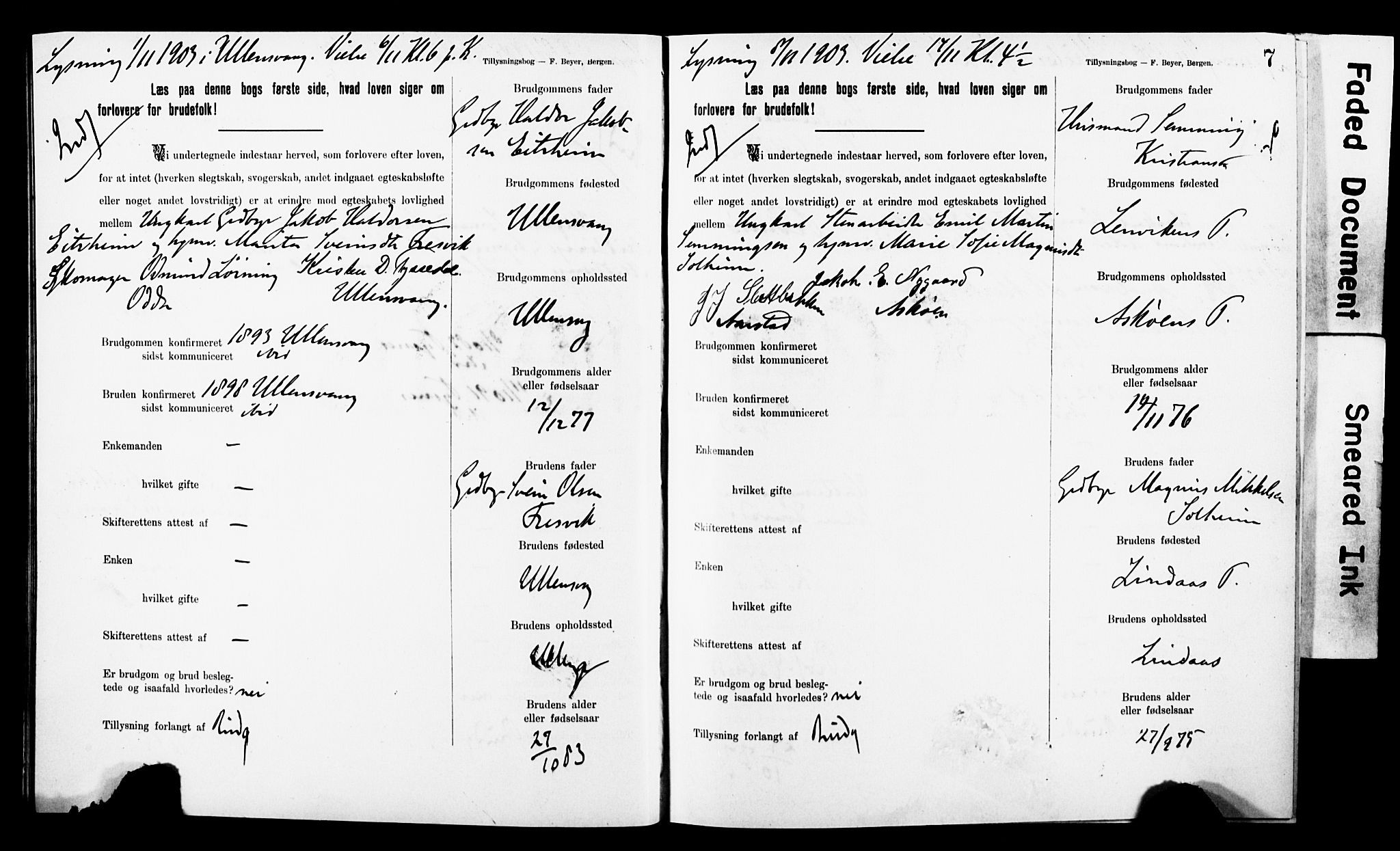 Korskirken sokneprestembete, AV/SAB-A-76101: Best man's statements no. II.5.8, 1903-1908, p. 7