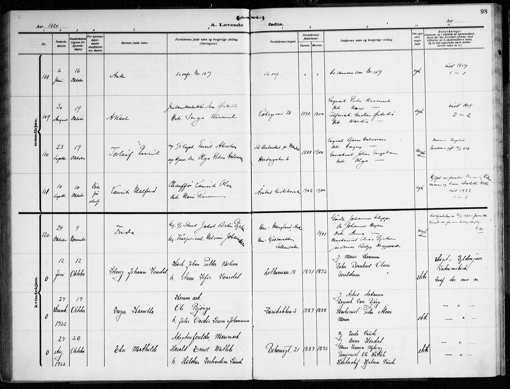 Årstad Sokneprestembete, AV/SAB-A-79301/H/Haa/L0005: Parish register (official) no. A 5, 1923-1925, p. 98