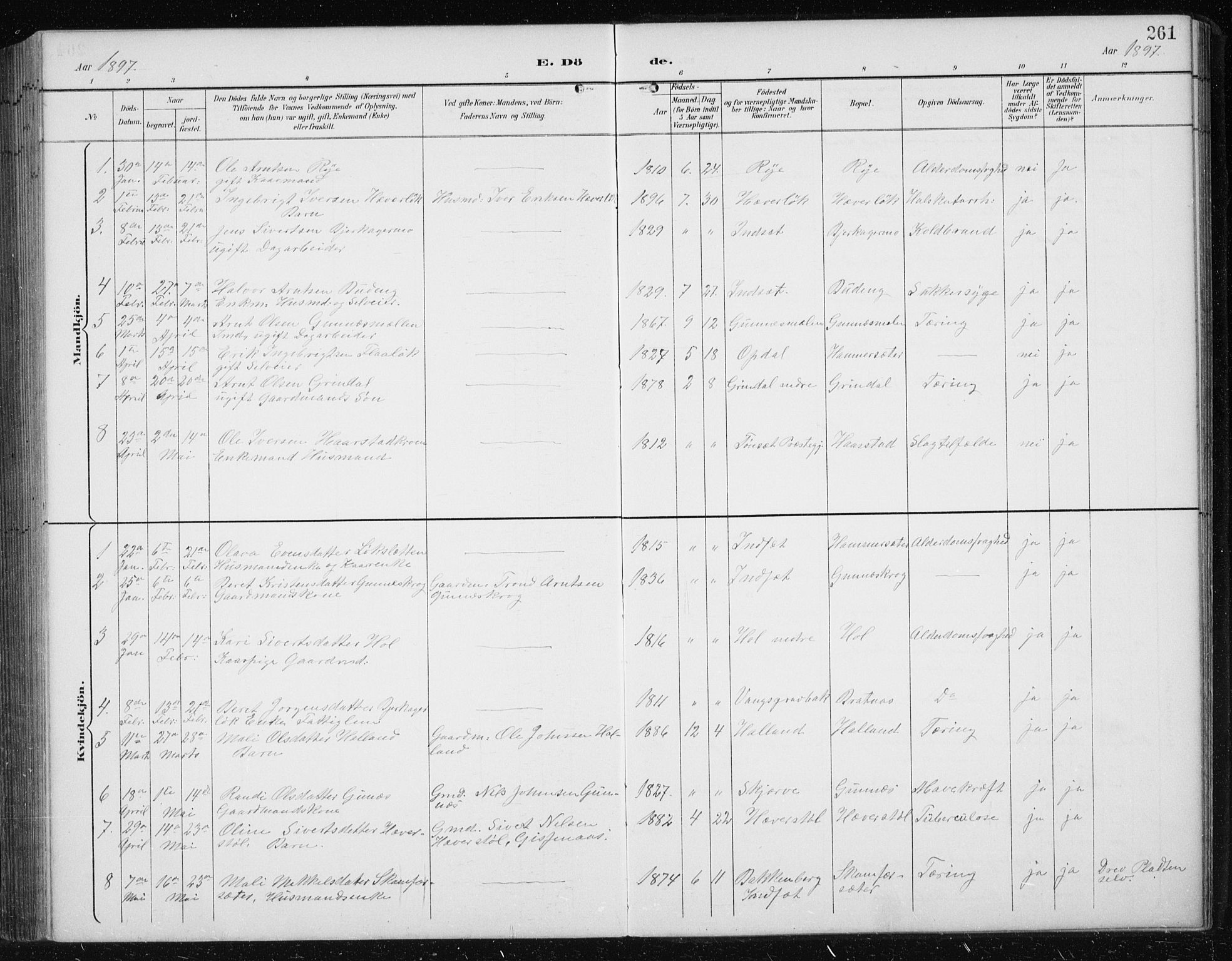 Ministerialprotokoller, klokkerbøker og fødselsregistre - Sør-Trøndelag, AV/SAT-A-1456/674/L0876: Parish register (copy) no. 674C03, 1892-1912, p. 261