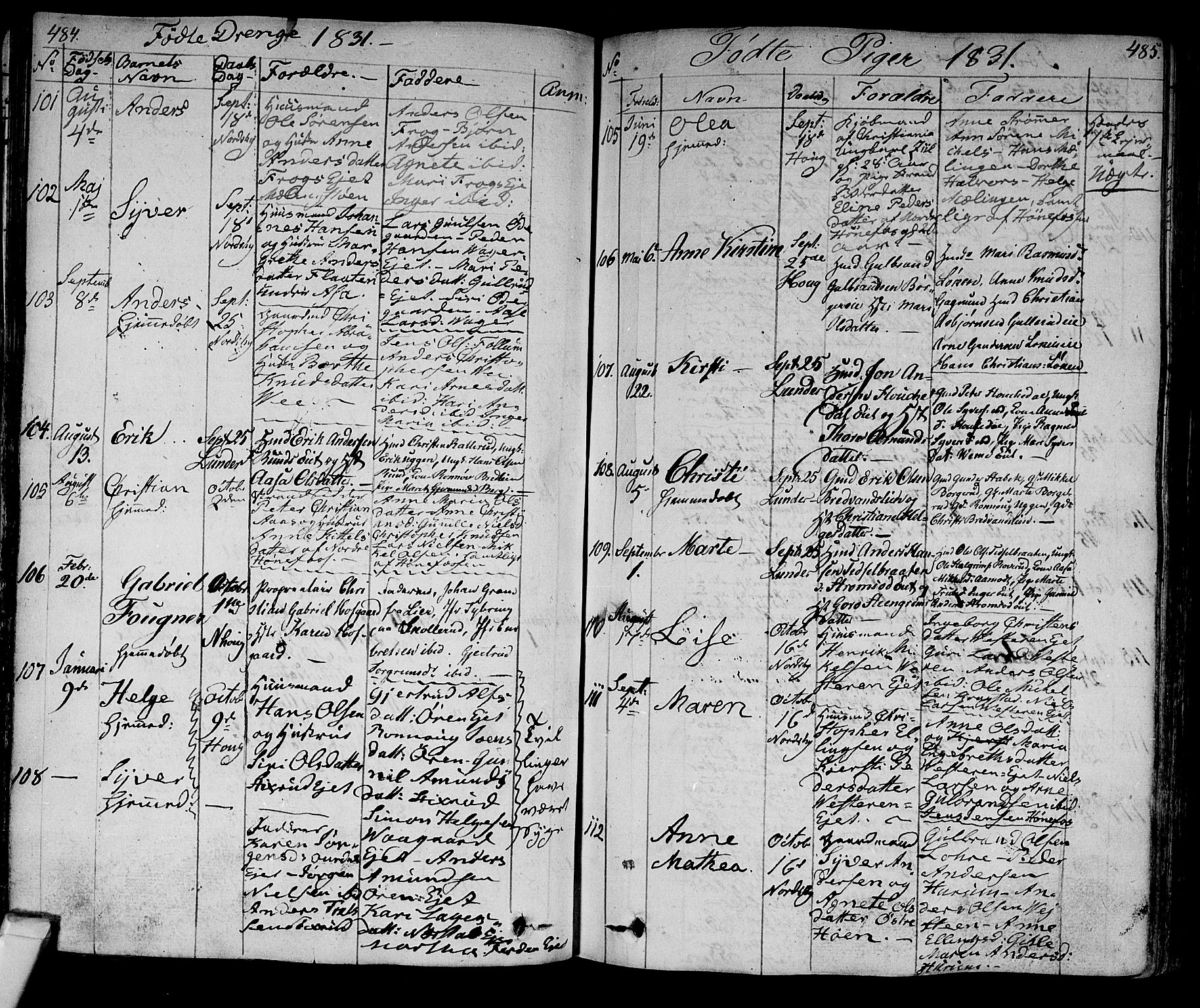 Norderhov kirkebøker, AV/SAKO-A-237/F/Fa/L0009: Parish register (official) no. 9, 1819-1837, p. 484-485