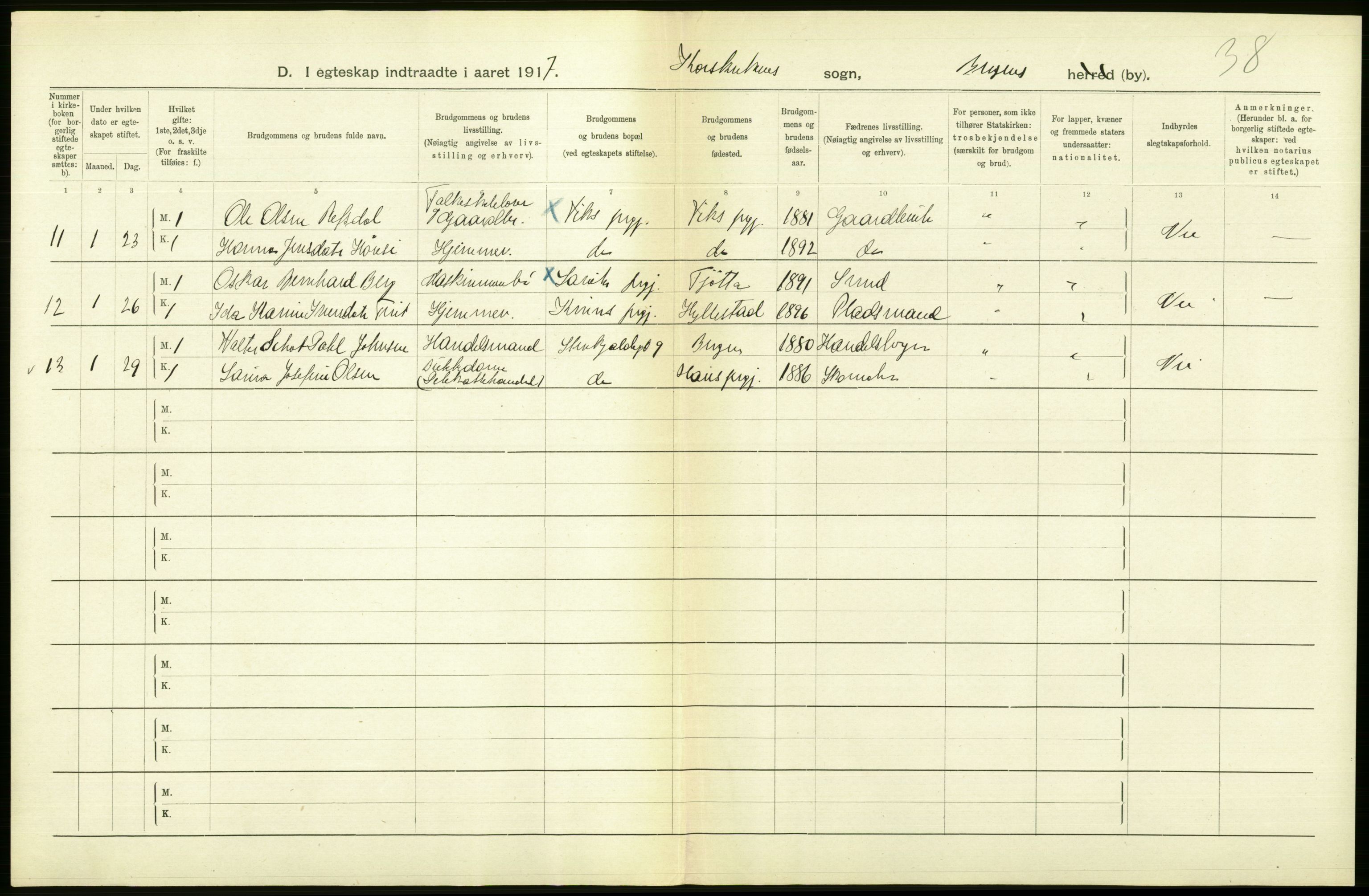 Statistisk sentralbyrå, Sosiodemografiske emner, Befolkning, RA/S-2228/D/Df/Dfb/Dfbg/L0038: Bergen: Gifte, døde, dødfødte., 1917, p. 42