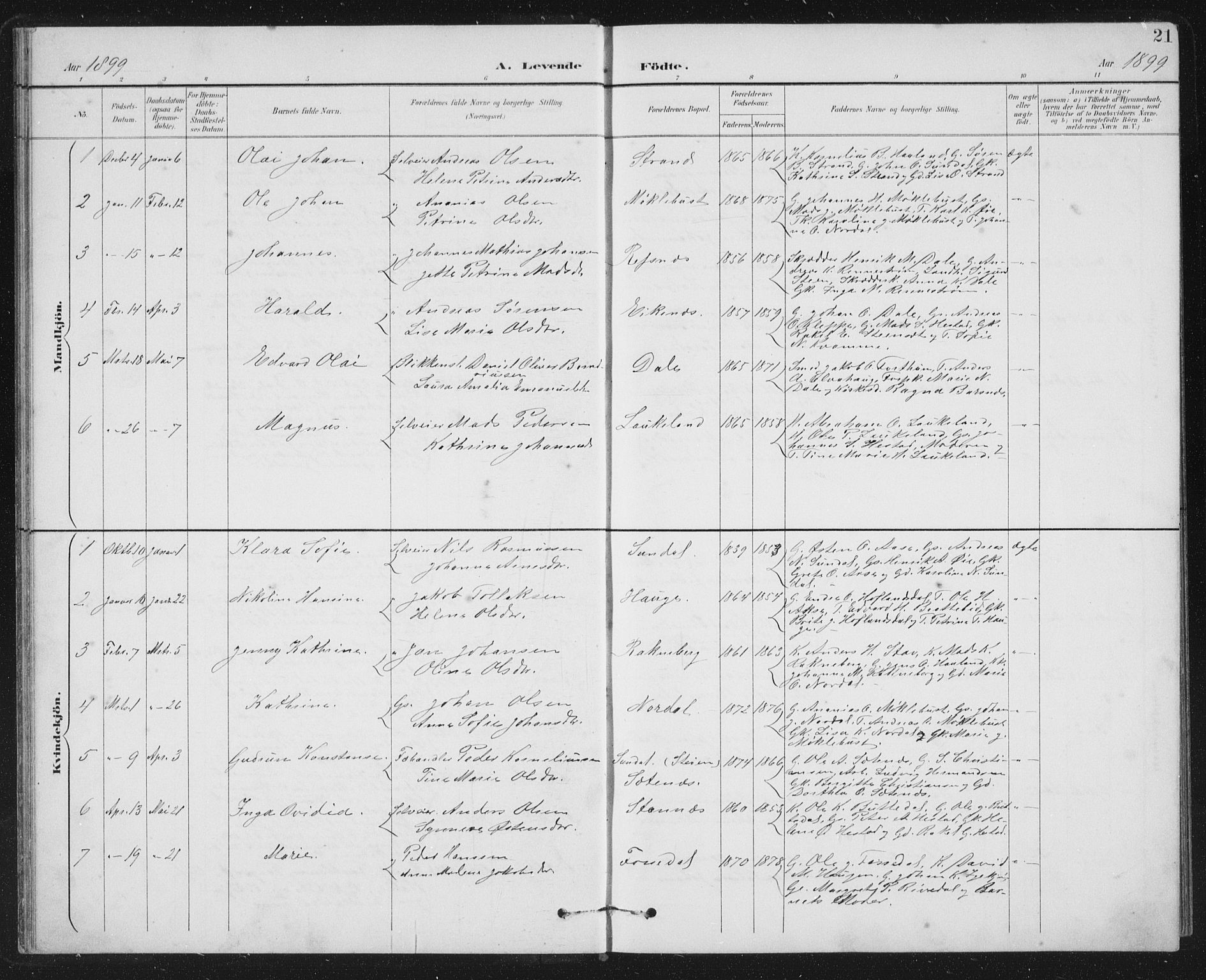 Fjaler sokneprestembete, AV/SAB-A-79801/H/Hab/Habc/L0003: Parish register (copy) no. C 3, 1894-1917, p. 21