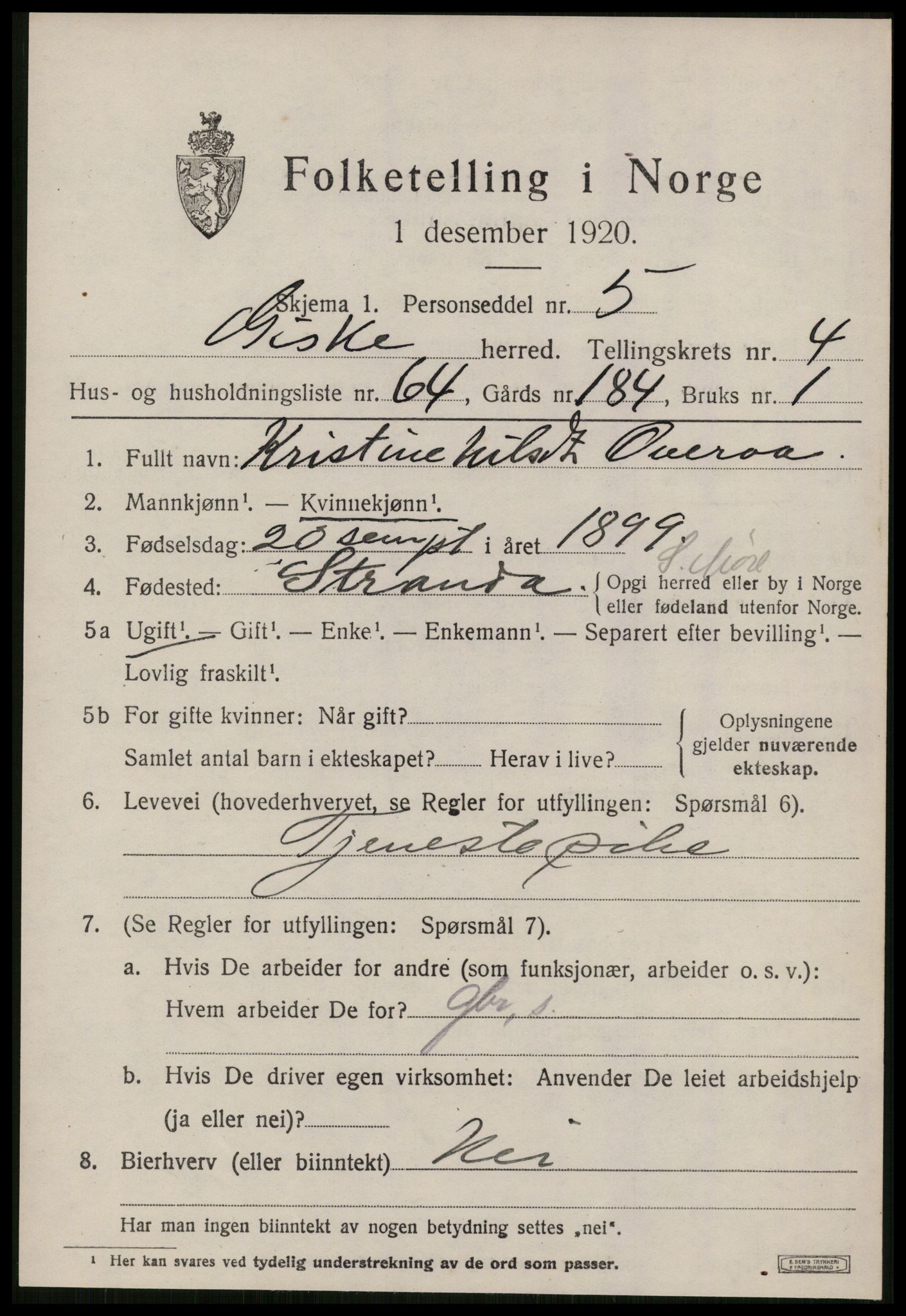 SAT, 1920 census for Giske, 1920, p. 3620