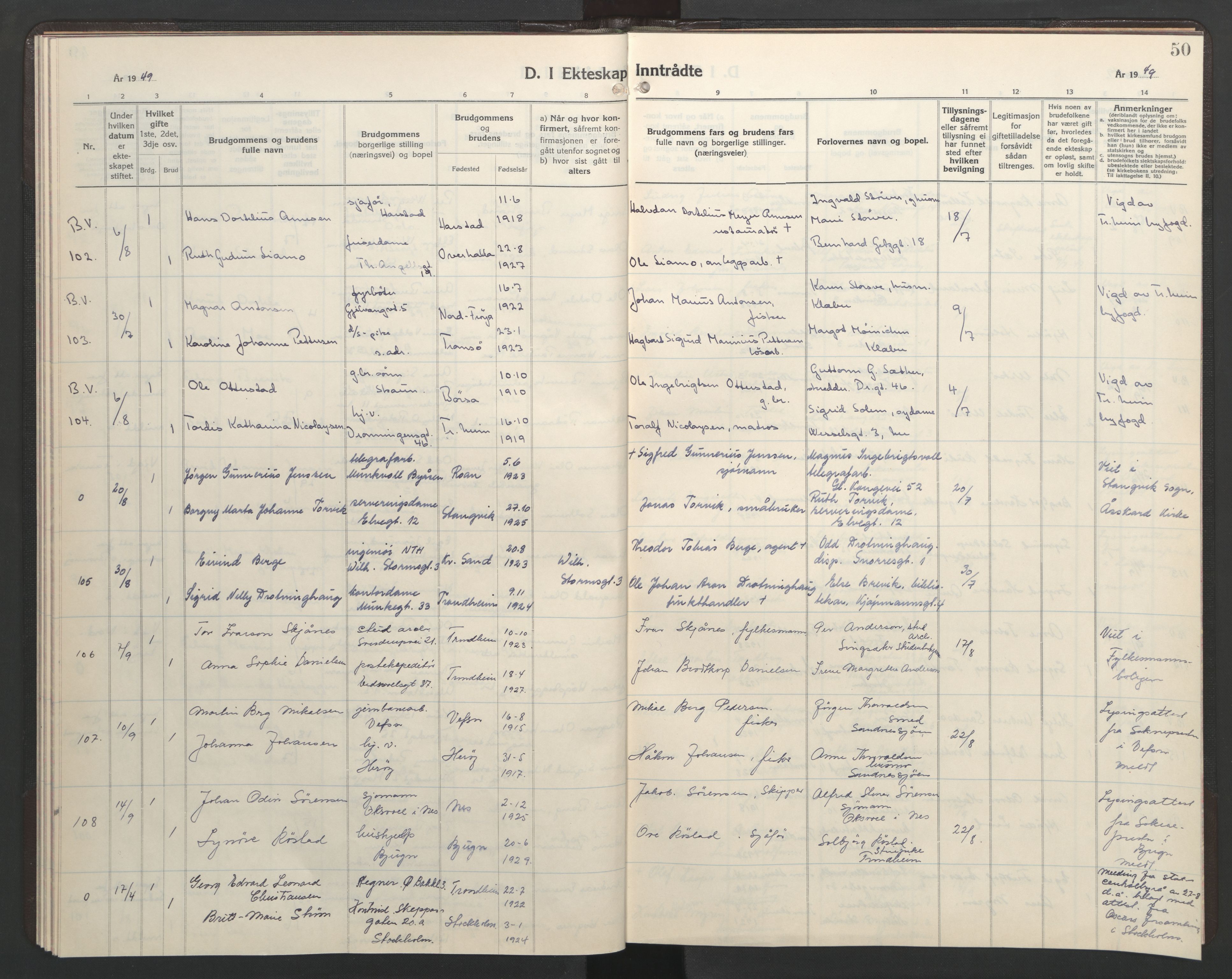 Ministerialprotokoller, klokkerbøker og fødselsregistre - Sør-Trøndelag, AV/SAT-A-1456/602/L0155: Parish register (copy) no. 602C23, 1947-1950, p. 50