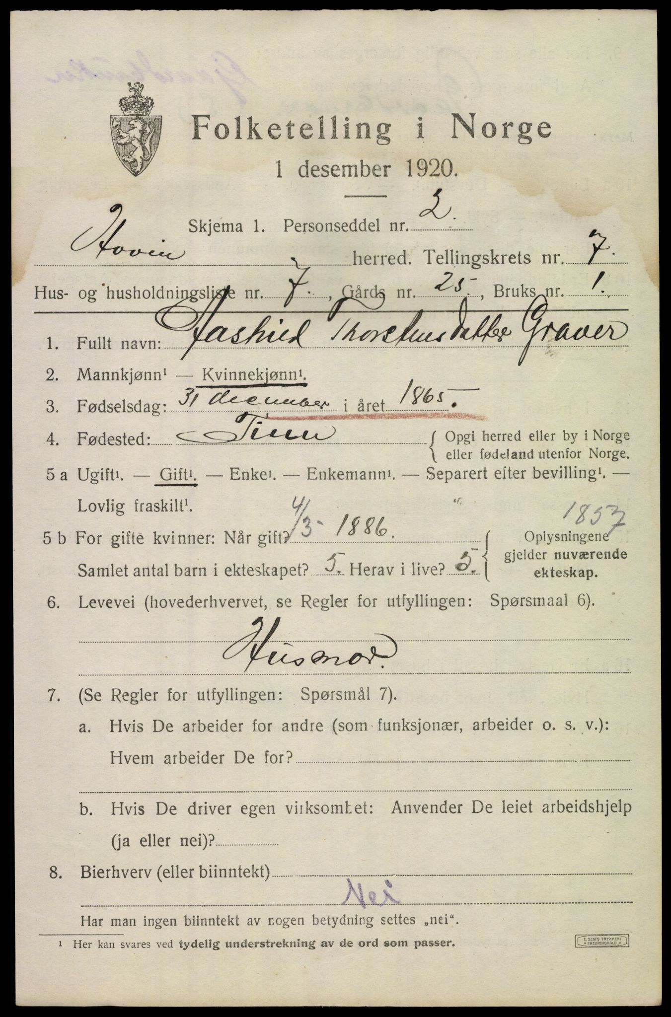 SAKO, 1920 census for Hovin, 1920, p. 1761