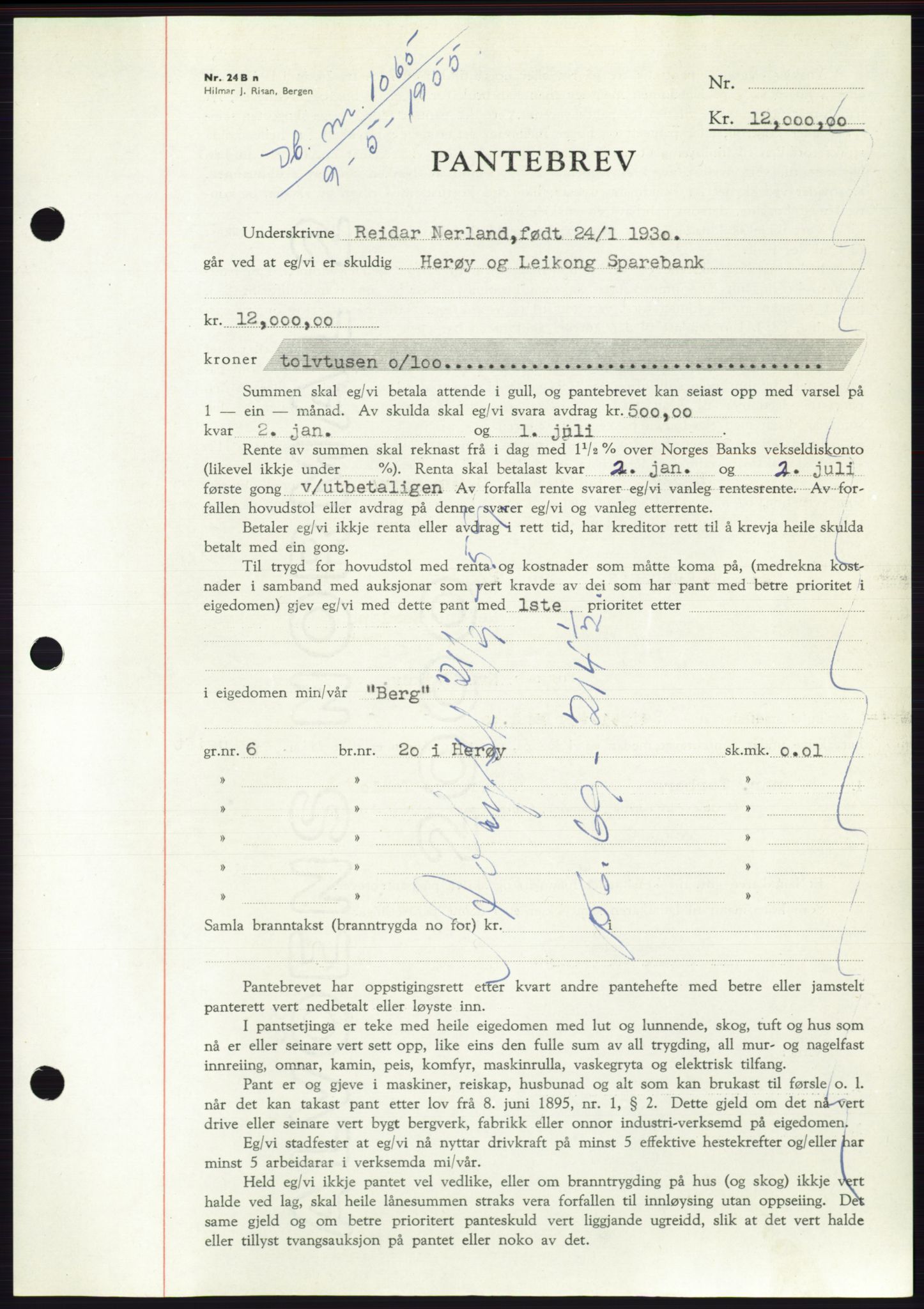 Søre Sunnmøre sorenskriveri, AV/SAT-A-4122/1/2/2C/L0126: Mortgage book no. 14B, 1954-1955, Diary no: : 1065/1955