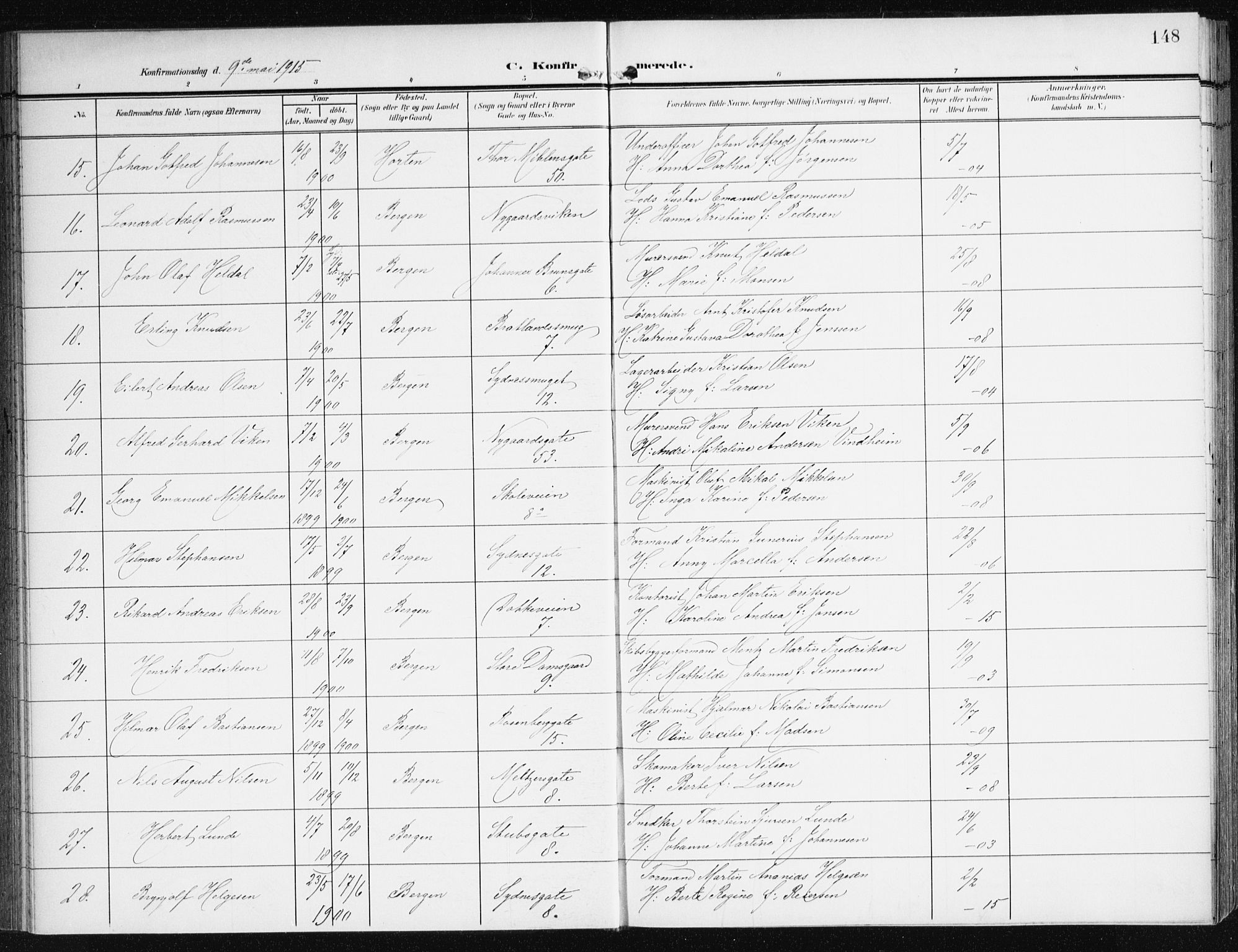 Johanneskirken sokneprestembete, AV/SAB-A-76001/H/Haa/L0009: Parish register (official) no. C 2, 1907-1924, p. 148