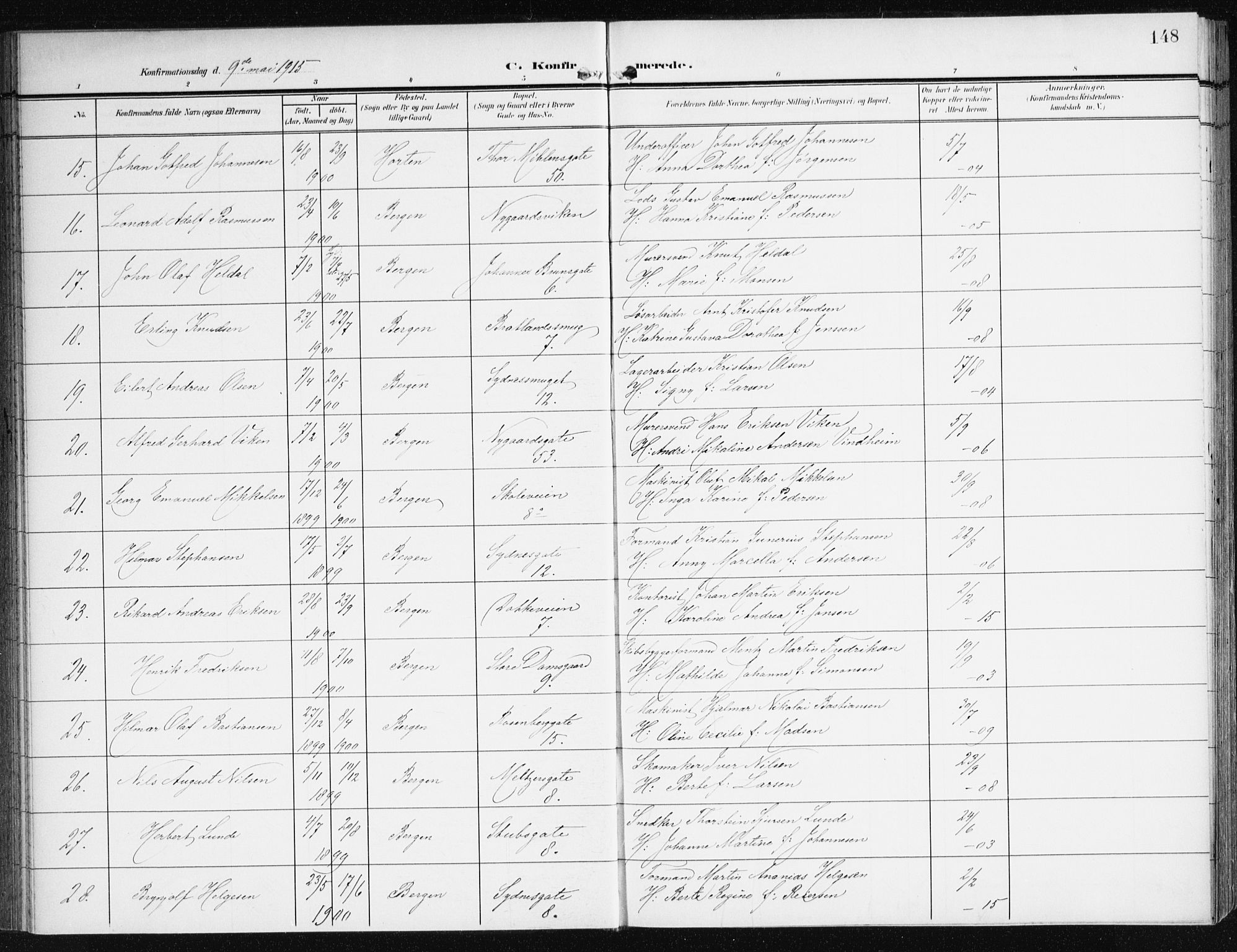 Johanneskirken sokneprestembete, SAB/A-76001/H/Haa/L0009: Parish register (official) no. C 2, 1907-1924, p. 148