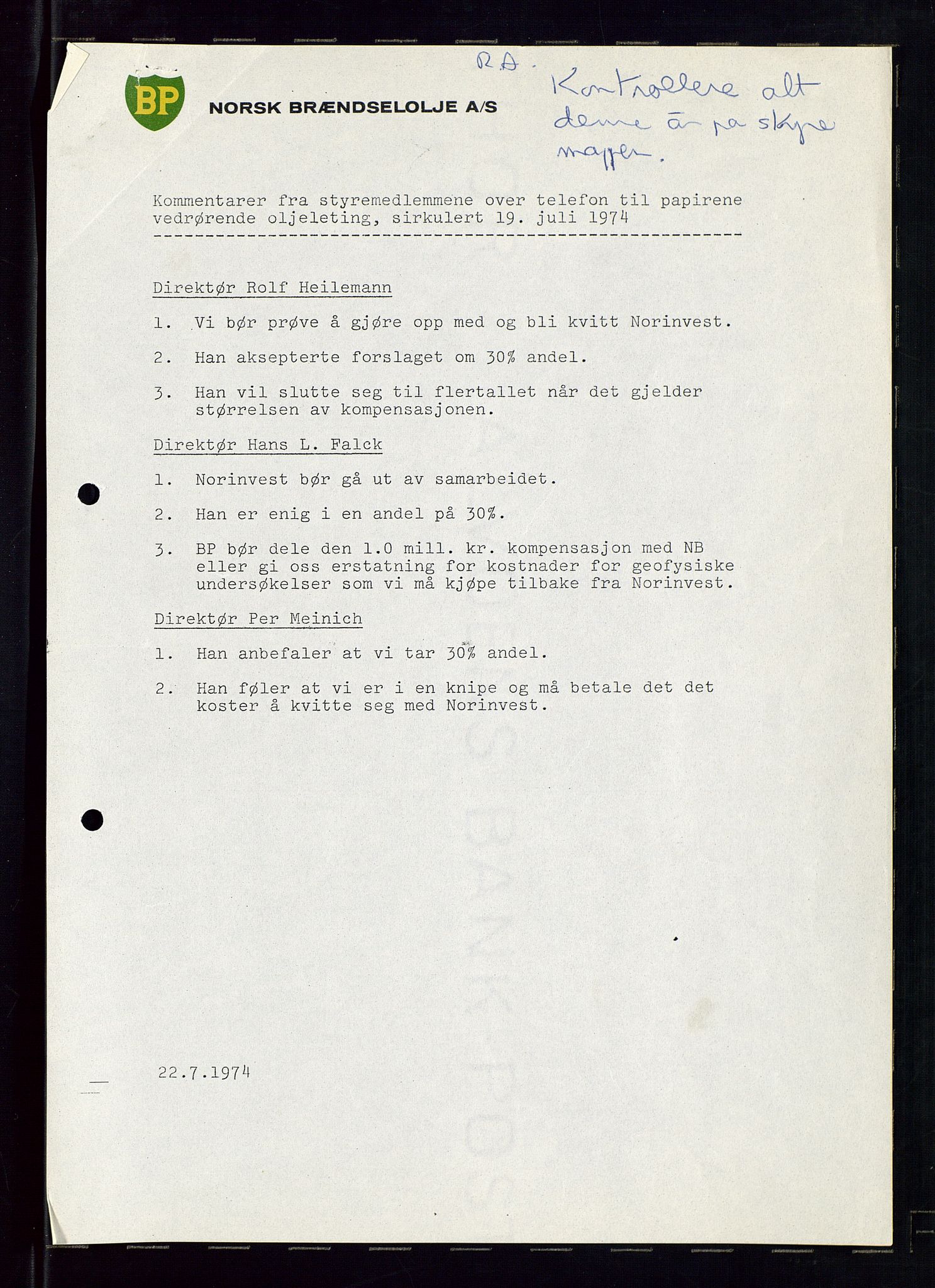 PA 1544 - Norsk Brændselolje A/S, AV/SAST-A-101965/1/A/Ab/L0006/0002: Styremøter  / Styremøter 1974, 1974, p. 17