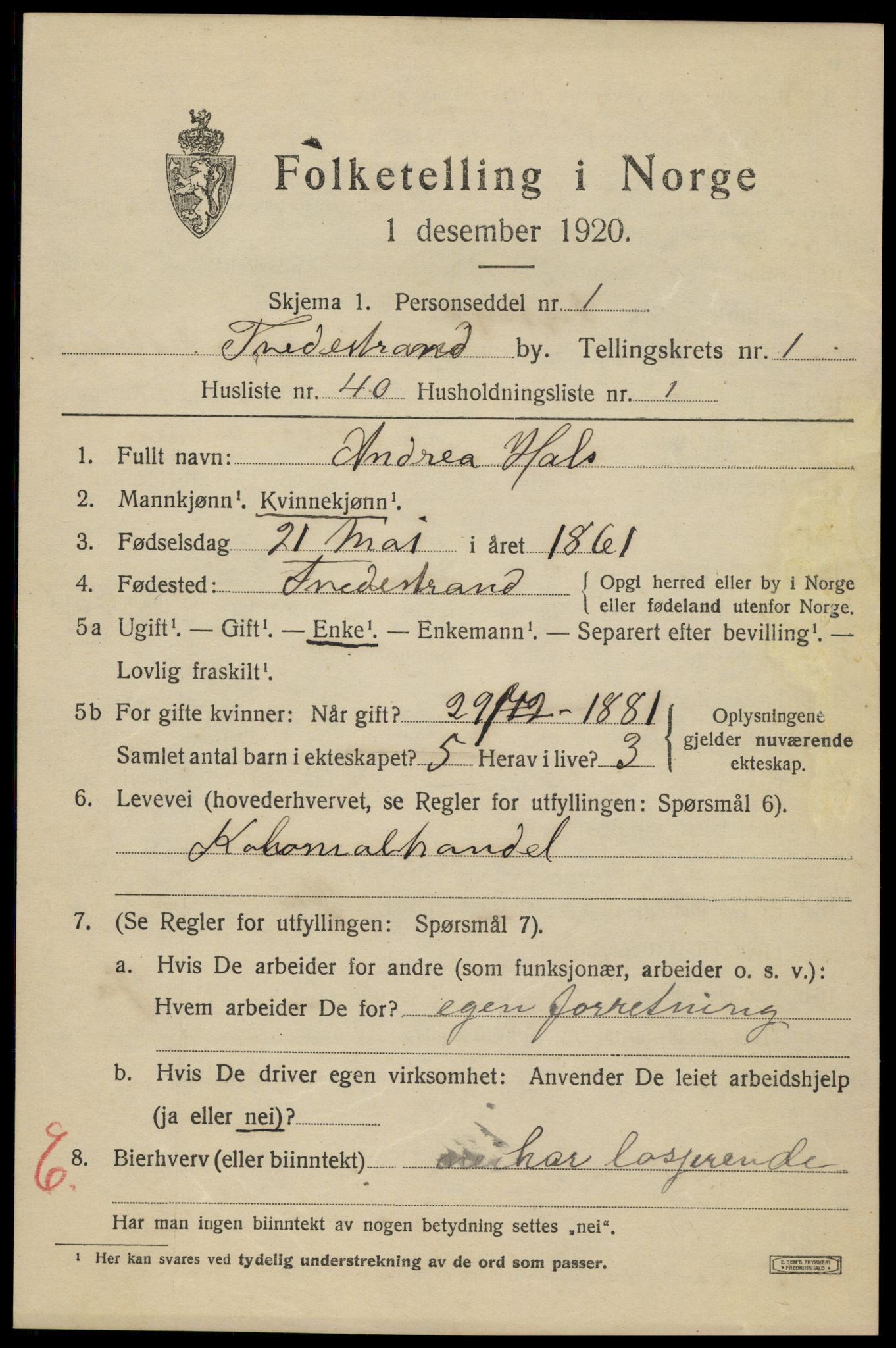 SAK, 1920 census for Tvedestrand, 1920, p. 1719