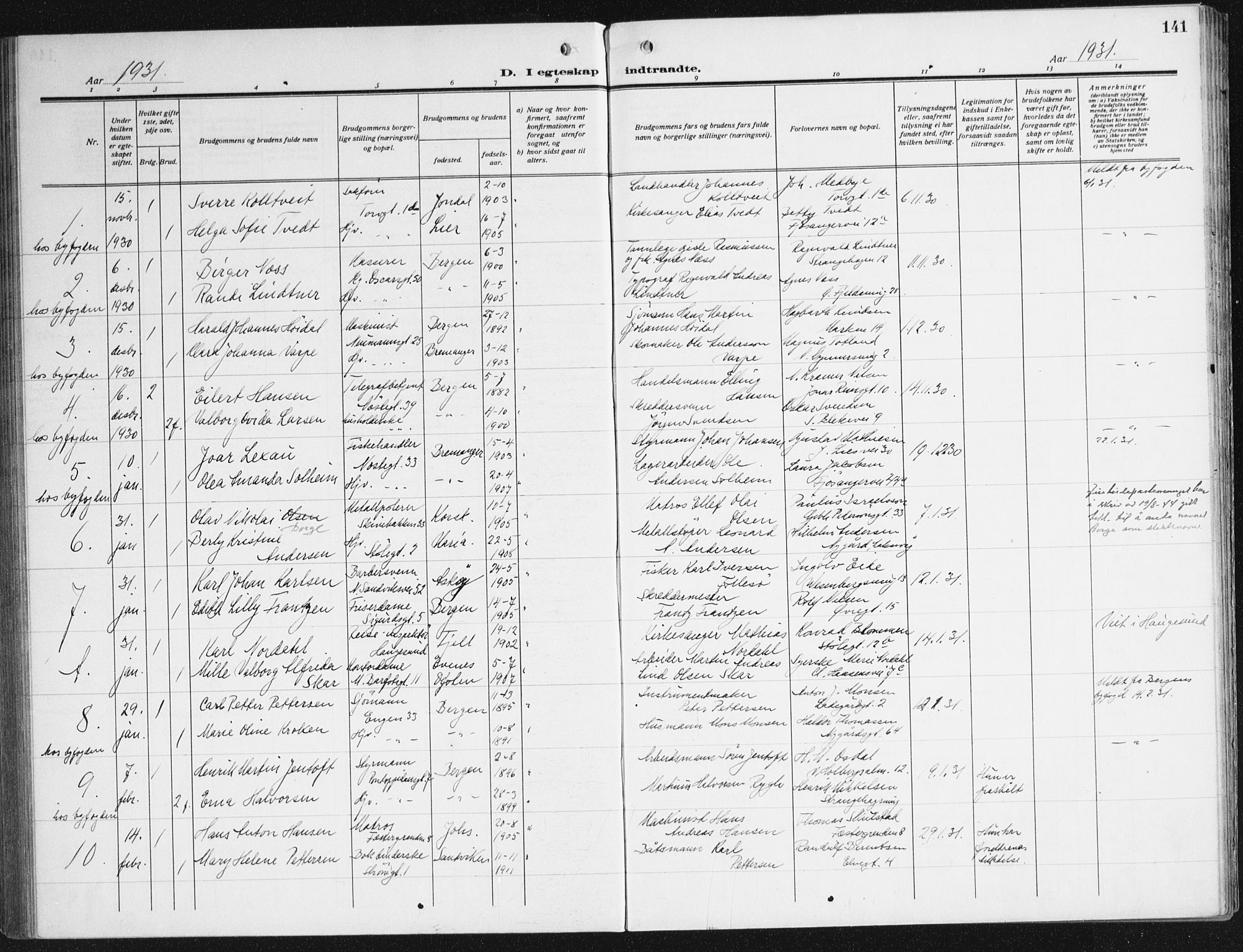 Domkirken sokneprestembete, SAB/A-74801/H/Haa/L0039: Parish register (official) no. D 6, 1921-1937, p. 141