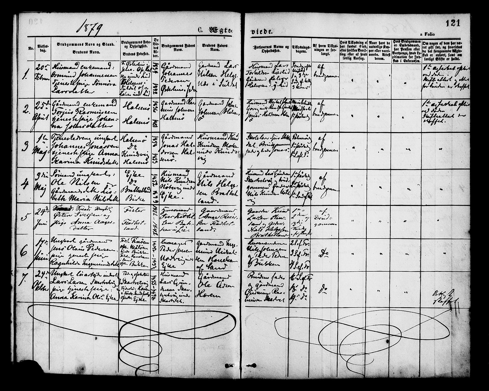 Hjelmeland sokneprestkontor, AV/SAST-A-101843/01/IV/L0013: Parish register (official) no. A 13, 1872-1886, p. 121