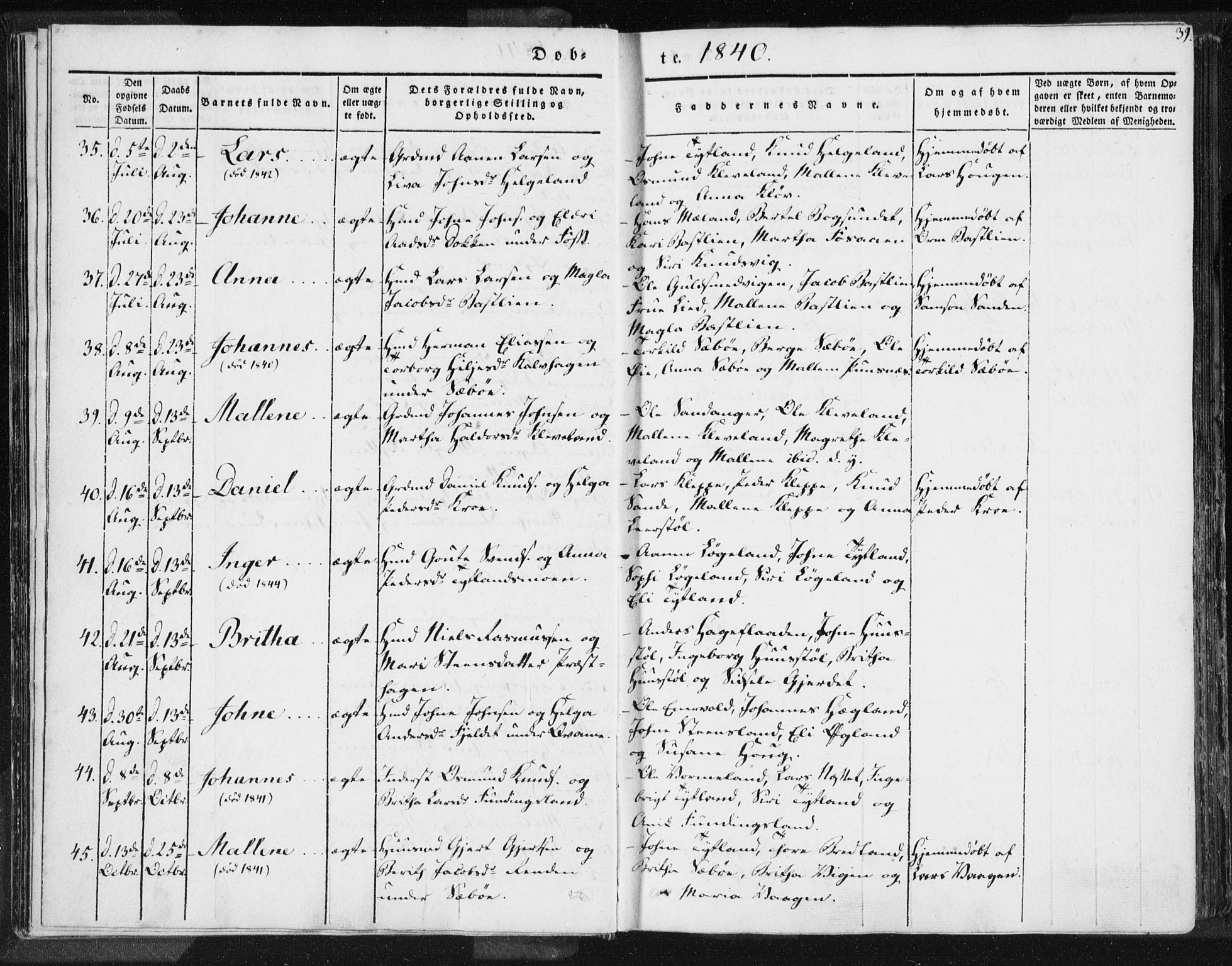 Hjelmeland sokneprestkontor, AV/SAST-A-101843/01/IV/L0006: Parish register (official) no. A 6, 1834-1845, p. 39