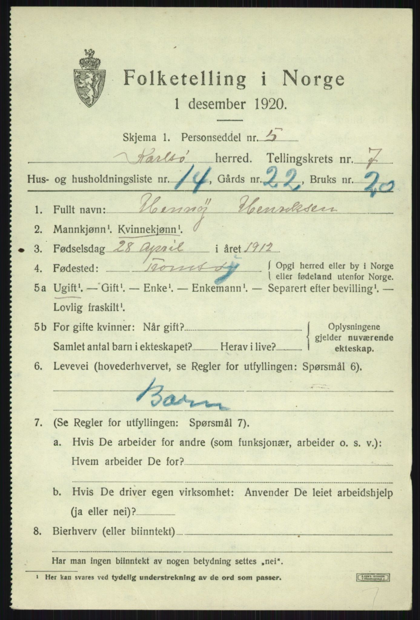 SATØ, 1920 census for Karlsøy, 1920, p. 2884