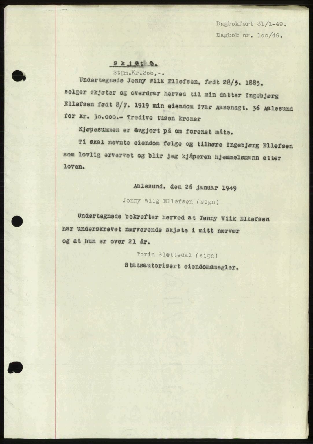 Ålesund byfogd, AV/SAT-A-4384: Mortgage book no. 37A (1), 1947-1949, Diary no: : 100/1949