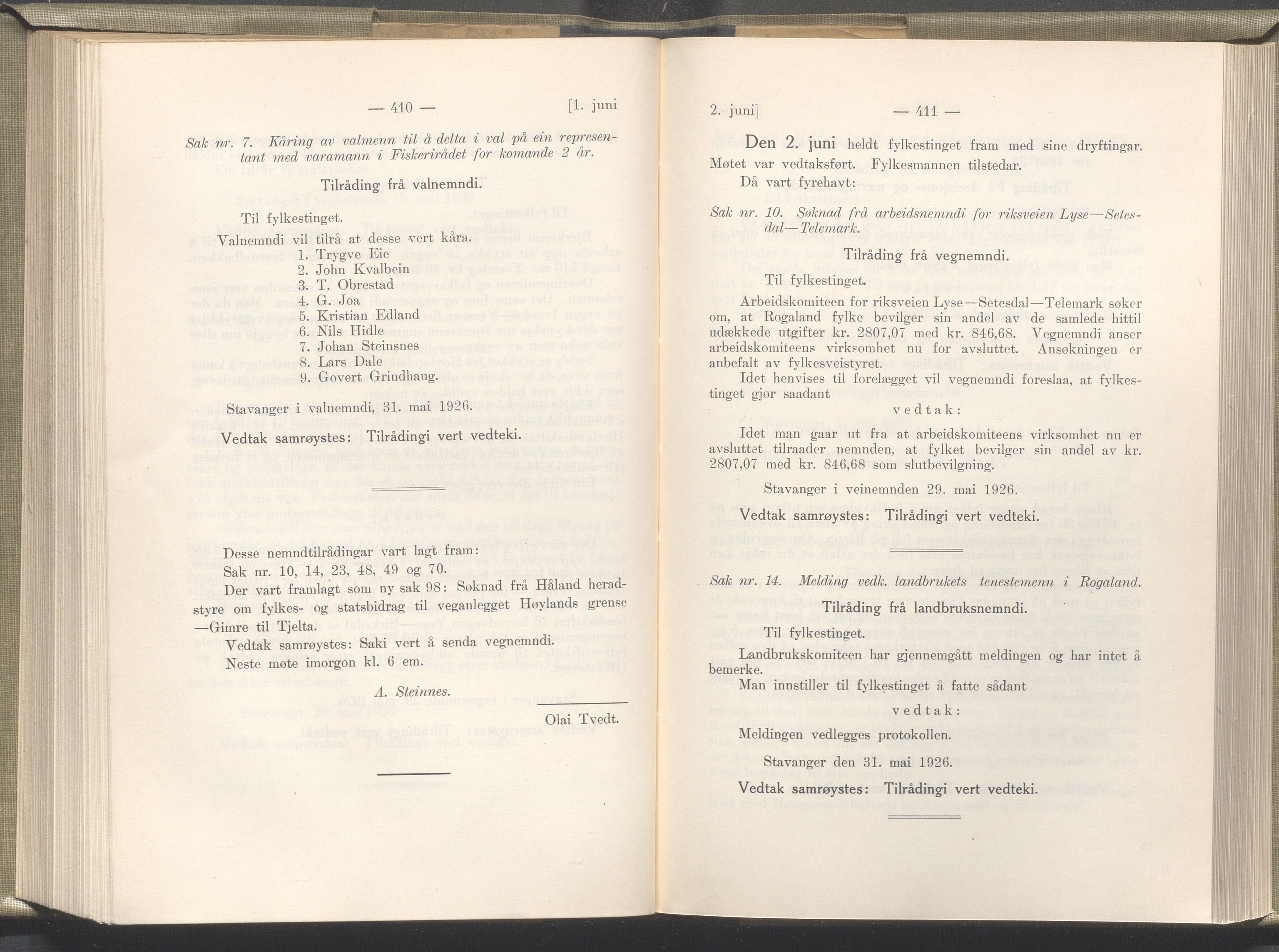 Rogaland fylkeskommune - Fylkesrådmannen , IKAR/A-900/A/Aa/Aaa/L0045: Møtebok , 1926, p. 410-411