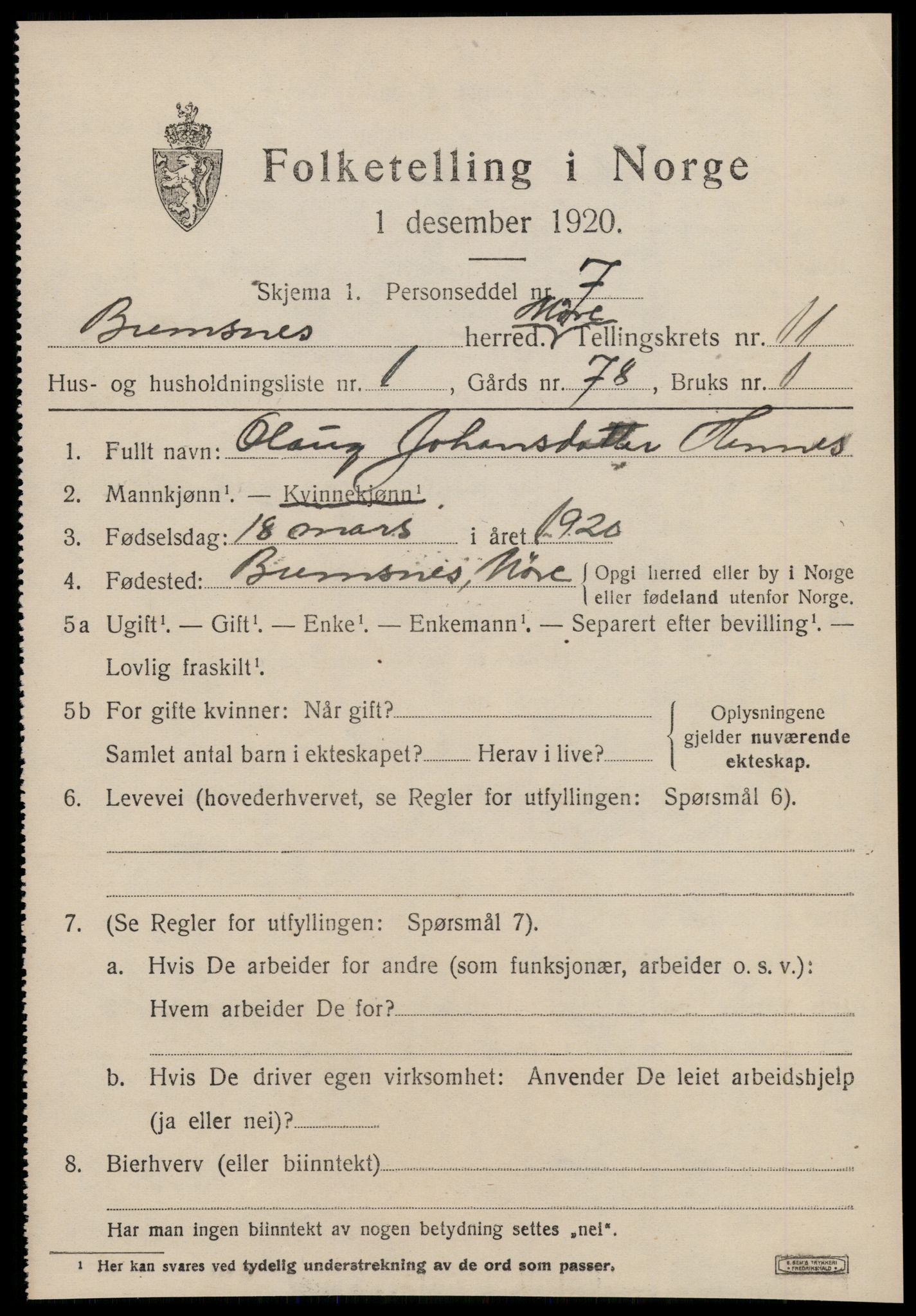 SAT, 1920 census for Bremsnes, 1920, p. 9313