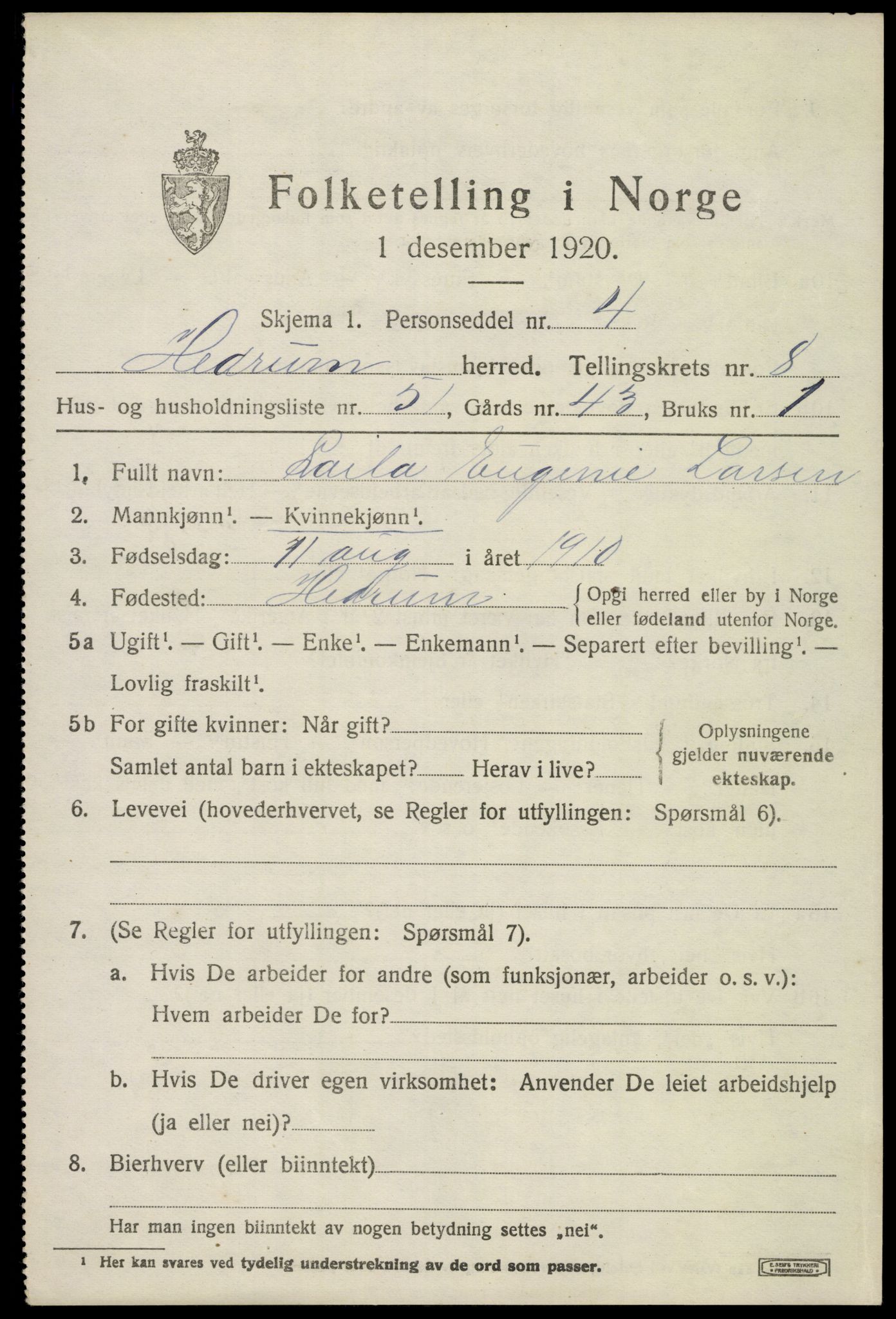 SAKO, 1920 census for Hedrum, 1920, p. 6797