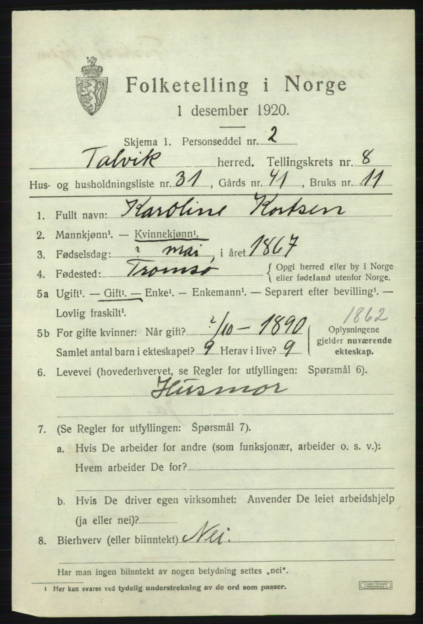 SATØ, 1920 census for Talvik, 1920, p. 5312