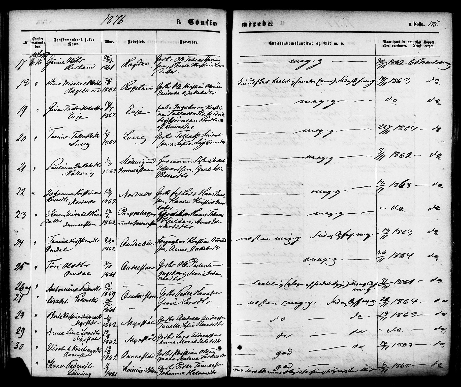 Sokndal sokneprestkontor, AV/SAST-A-101808: Parish register (official) no. A 10, 1874-1886, p. 175