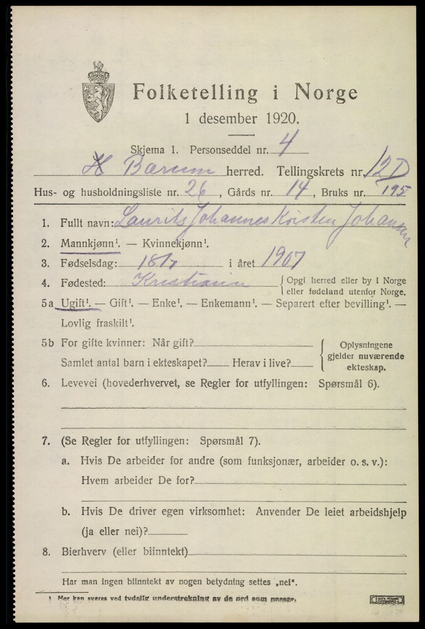 SAO, 1920 census for Bærum, 1920, p. 30698