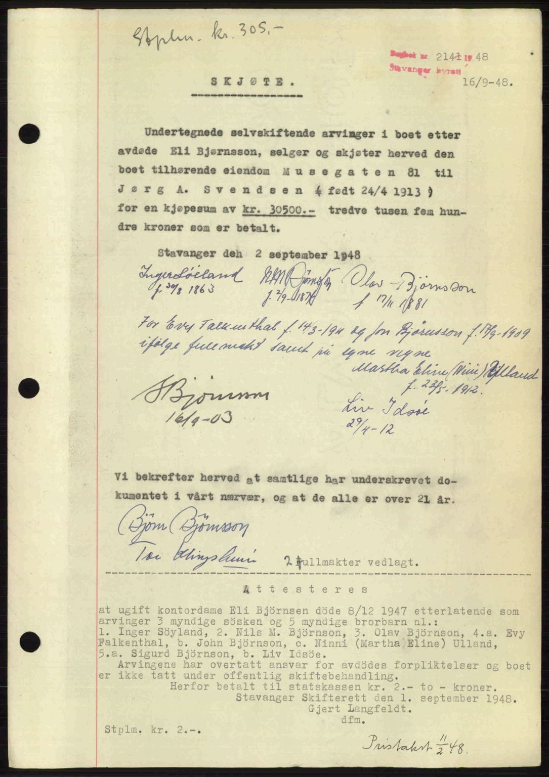 Stavanger byrett, SAST/A-100455/002/G/Gb/L0022: Mortgage book no. A11, 1947-1948, Diary no: : 2141/1948