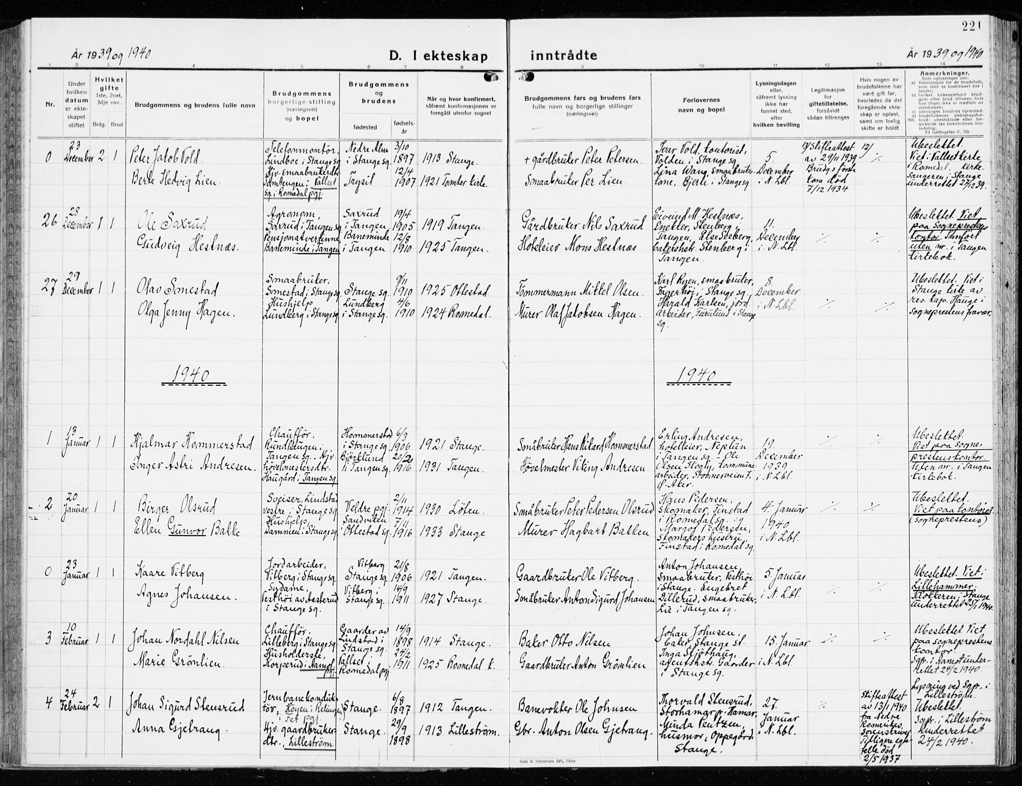 Stange prestekontor, SAH/PREST-002/K/L0027: Parish register (official) no. 27, 1937-1947, p. 221