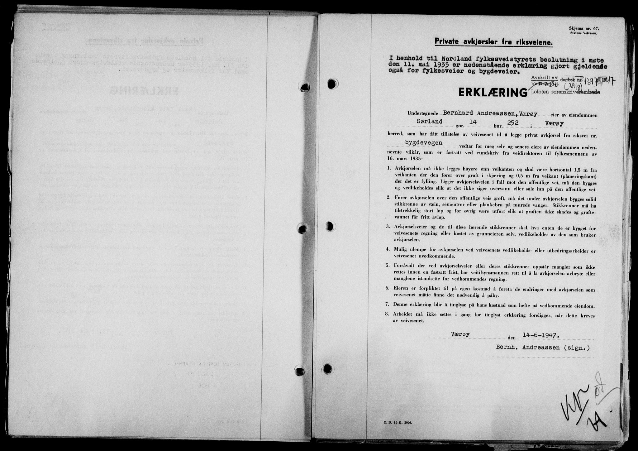 Lofoten sorenskriveri, SAT/A-0017/1/2/2C/L0016a: Mortgage book no. 16a, 1947-1947, Diary no: : 1397/1947