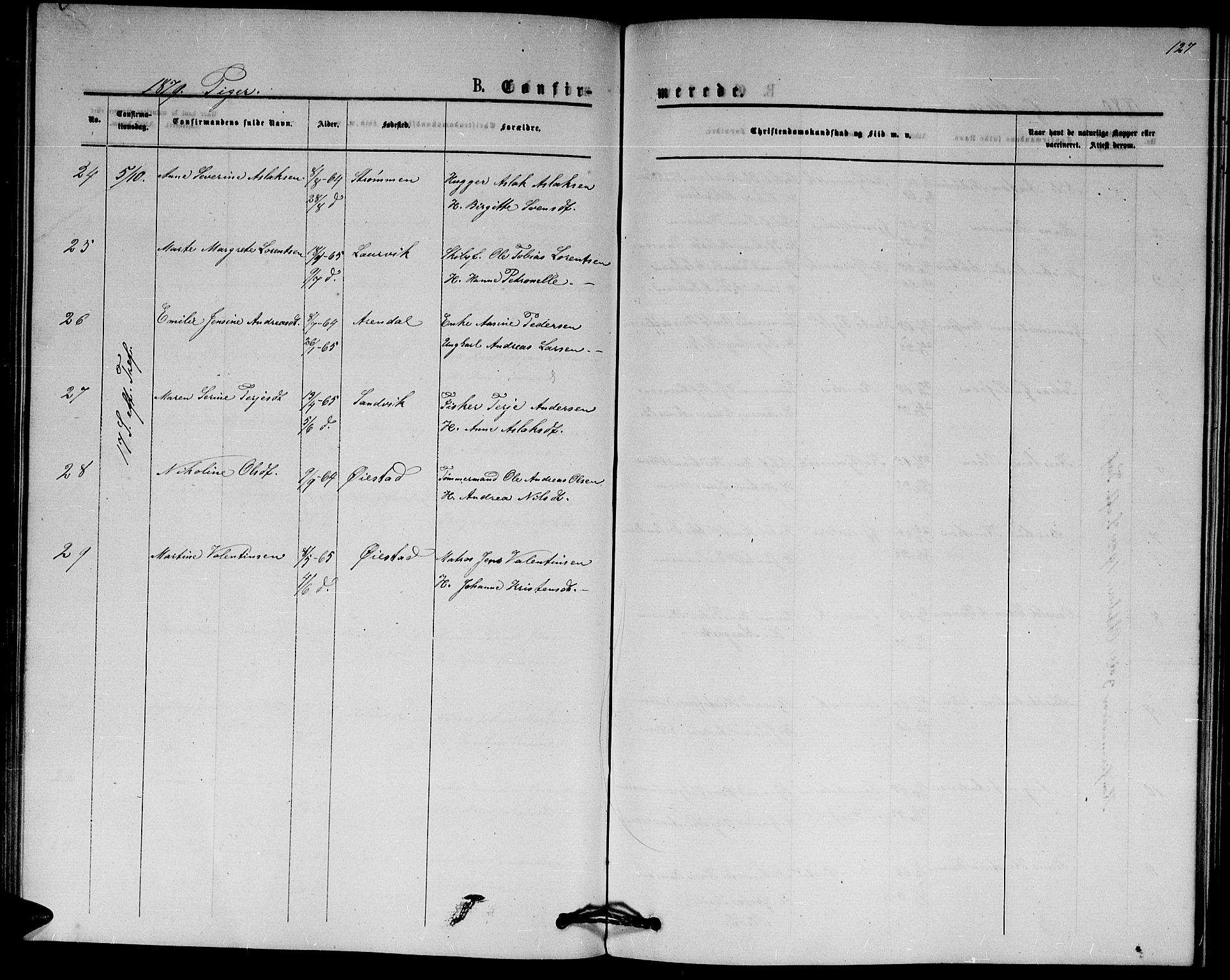 Hisøy sokneprestkontor, SAK/1111-0020/F/Fb/L0002: Parish register (copy) no. B 2, 1873-1885, p. 127