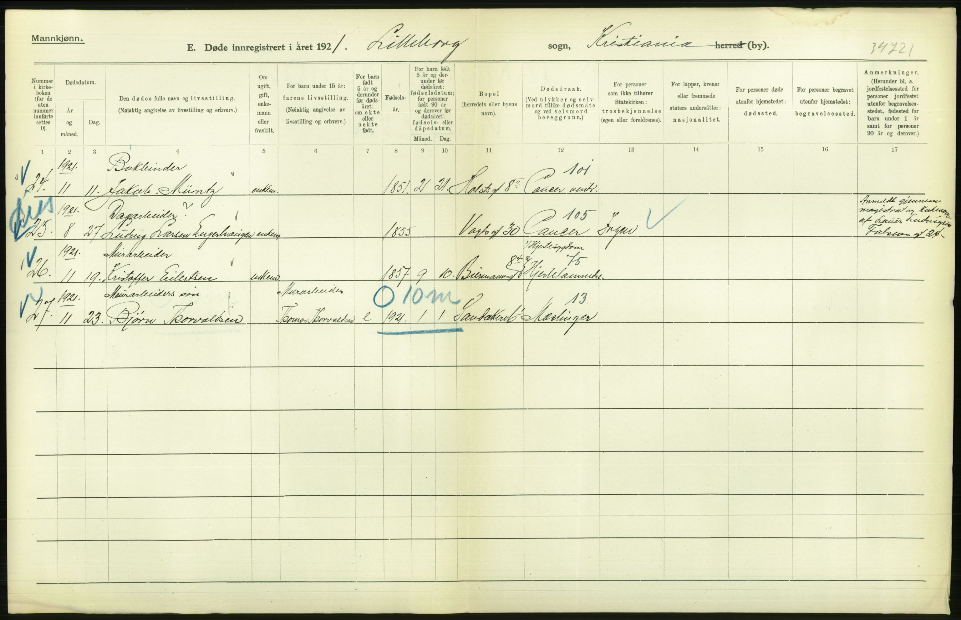 Statistisk sentralbyrå, Sosiodemografiske emner, Befolkning, AV/RA-S-2228/D/Df/Dfc/Dfca/L0012: Kristiania: Døde, 1921, p. 118