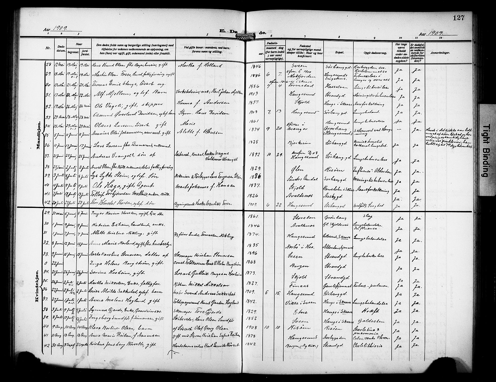 Haugesund sokneprestkontor, AV/SAST-A -101863/H/Ha/Hab/L0008: Parish register (copy) no. B 8, 1909-1921, p. 127