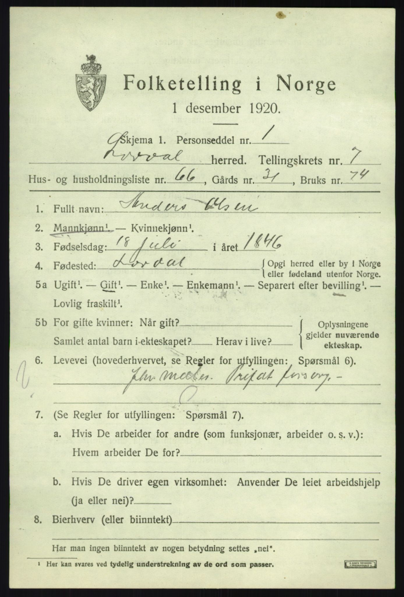 SAB, 1920 census for Lærdal, 1920, p. 3784