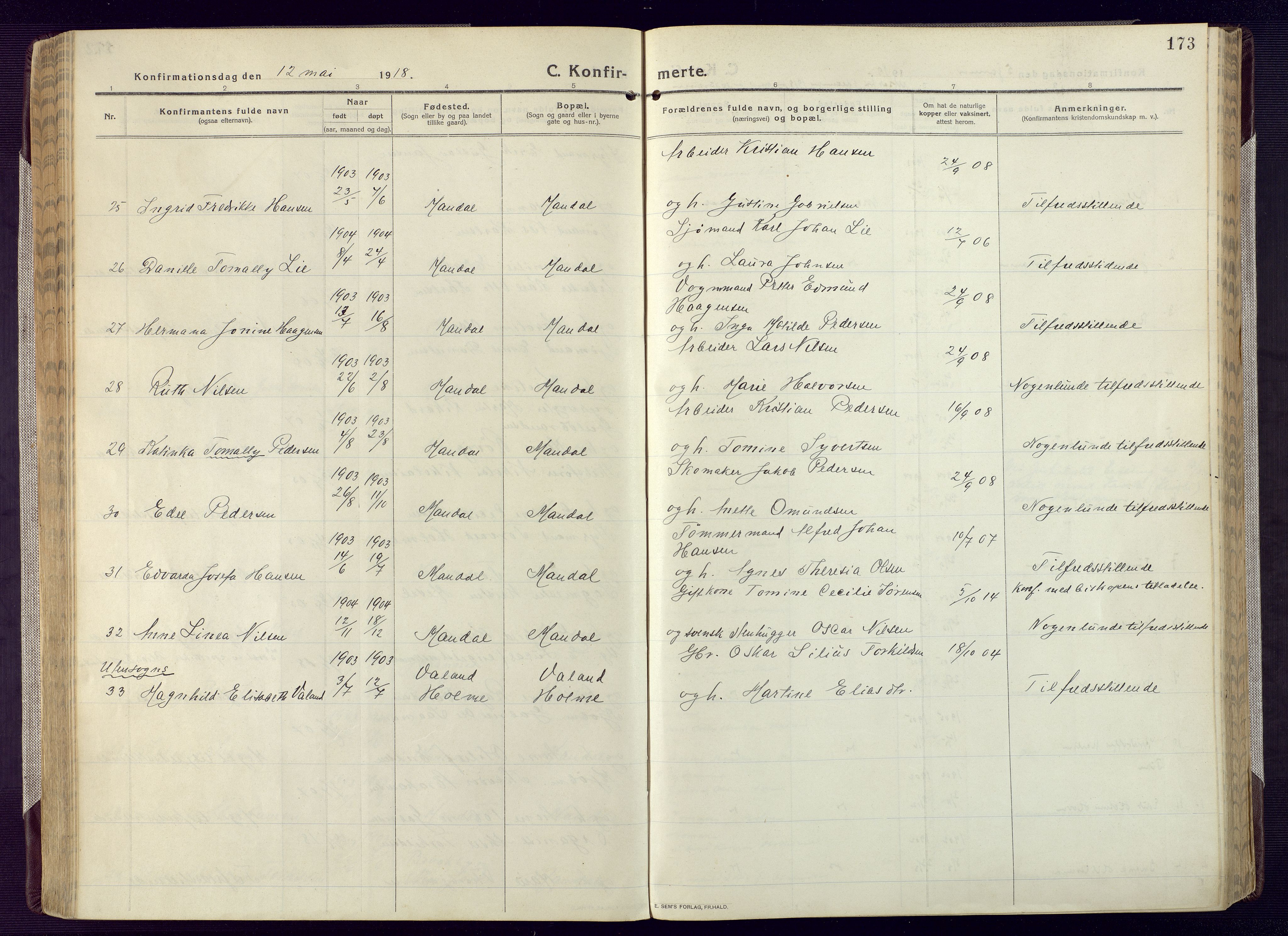 Mandal sokneprestkontor, AV/SAK-1111-0030/F/Fa/Fac/L0001: Parish register (official) no. A 1, 1913-1925, p. 173