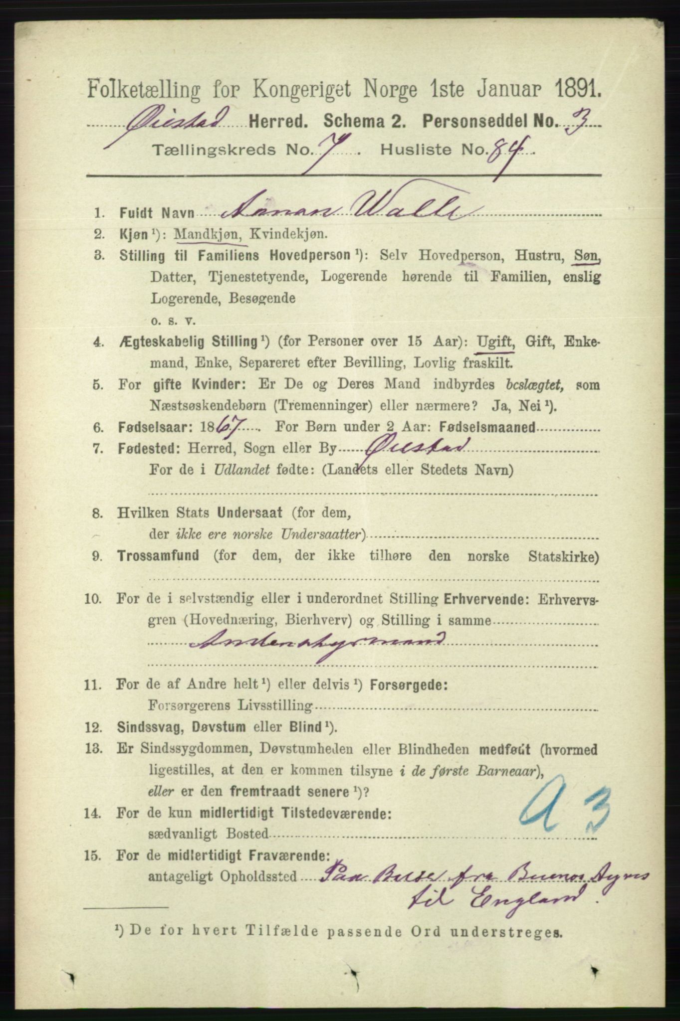 RA, 1891 census for 0920 Øyestad, 1891, p. 3126