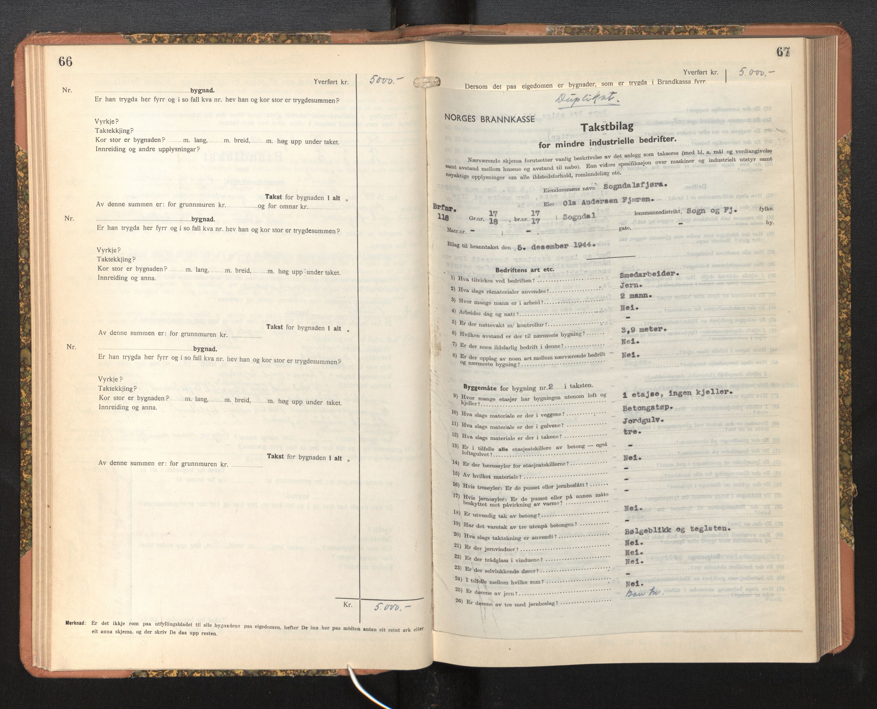 Lensmannen i Sogndal, AV/SAB-A-29901/0012/L0019: Branntakstprotokoll, Sogndalsfjøra, skjematakst, 1944-1954, p. 66-67