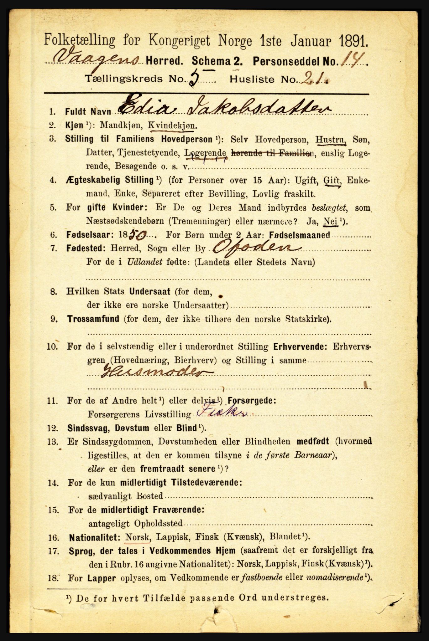 RA, 1891 census for 1865 Vågan, 1891, p. 1687