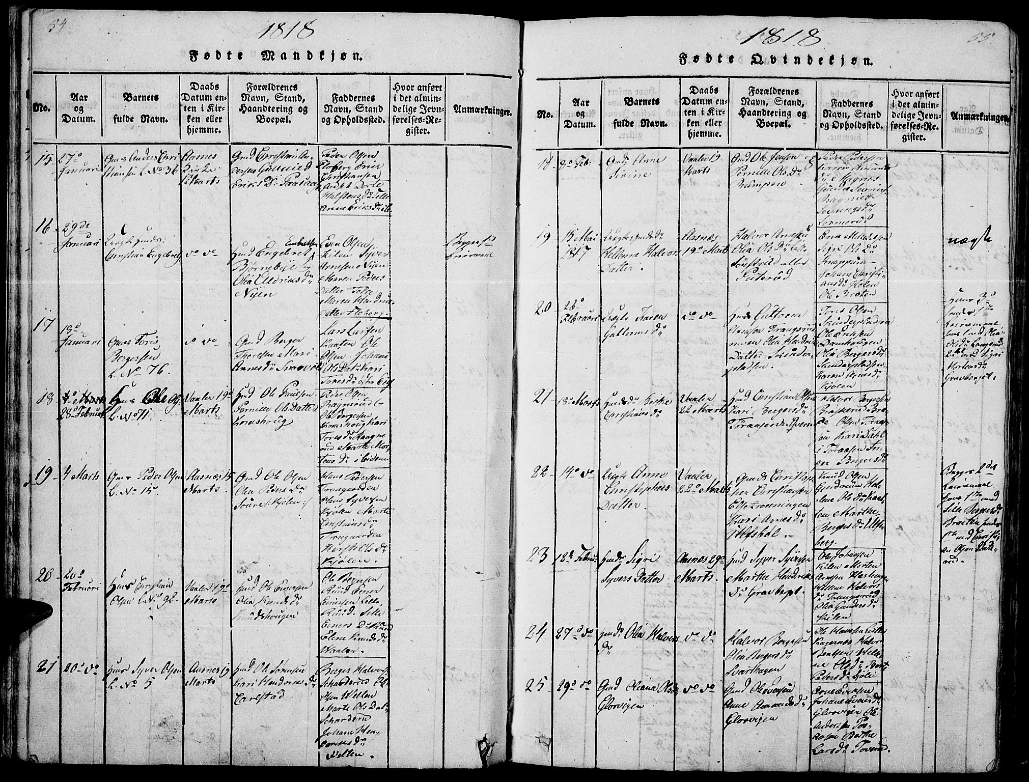 Hof prestekontor, AV/SAH-PREST-038/H/Ha/Haa/L0005: Parish register (official) no. 5, 1816-1822, p. 54-55