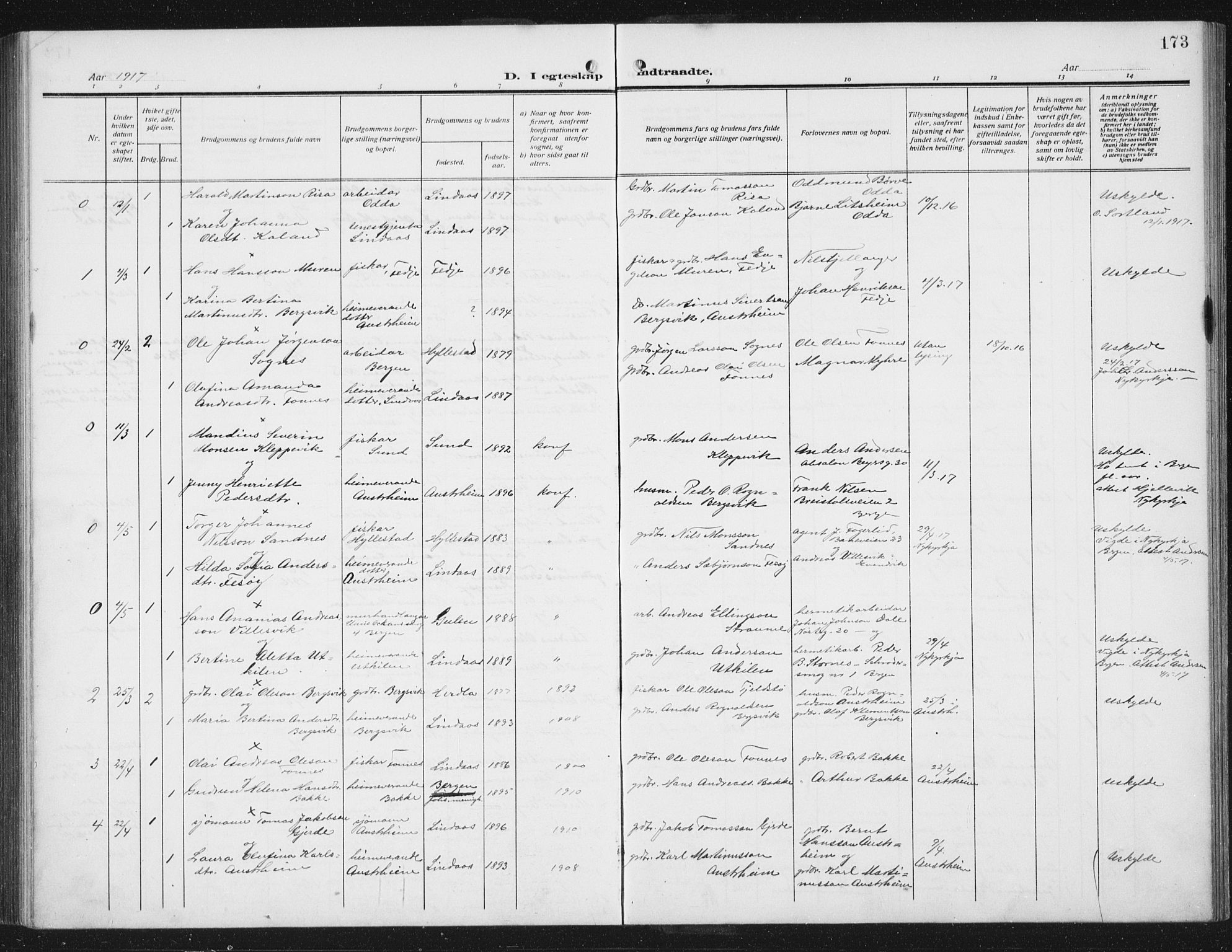 Lindås Sokneprestembete, SAB/A-76701/H/Hab: Parish register (copy) no. C 5, 1910-1927, p. 173