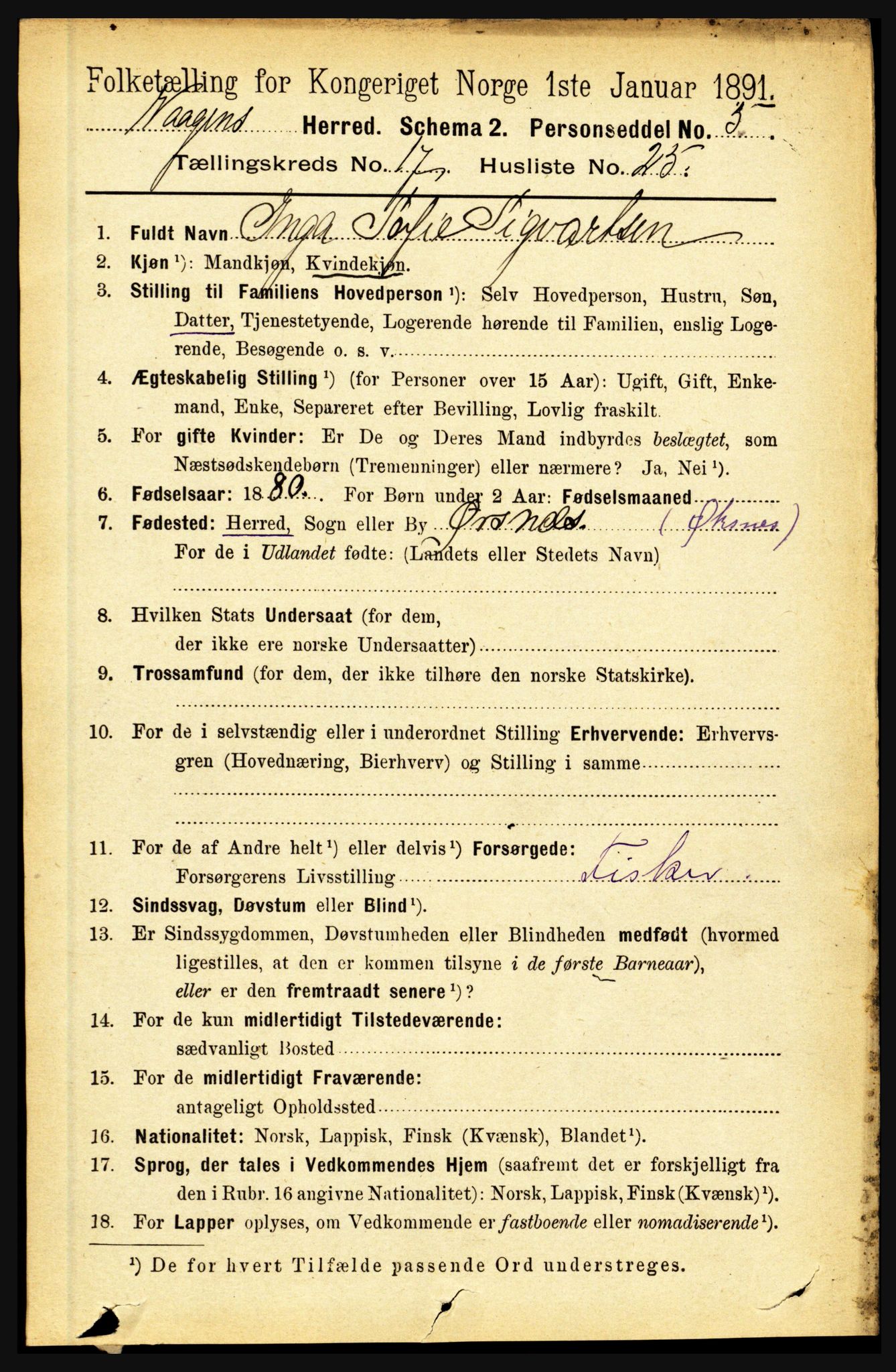 RA, 1891 census for 1865 Vågan, 1891, p. 5068