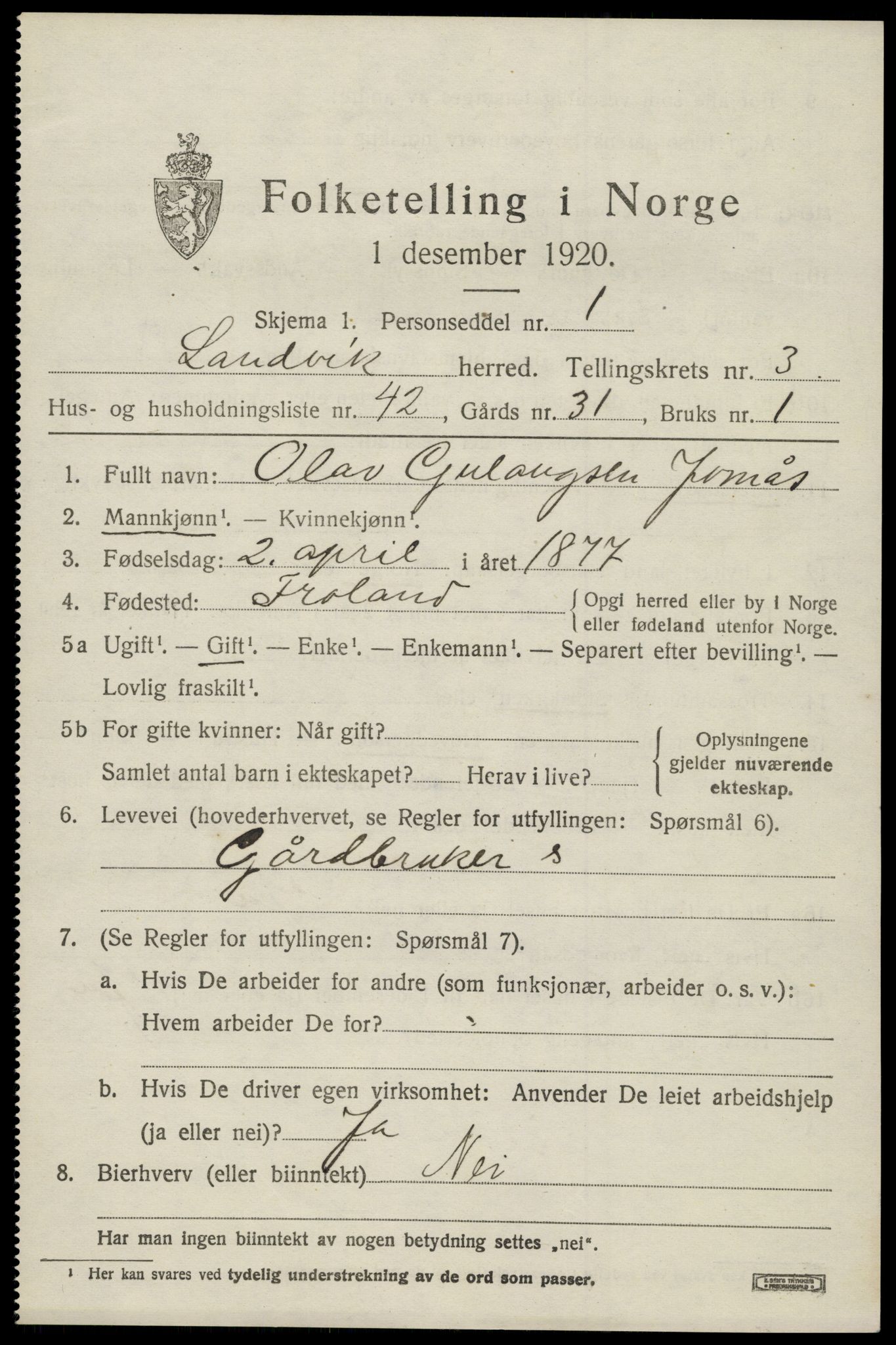 SAK, 1920 census for Landvik, 1920, p. 3306