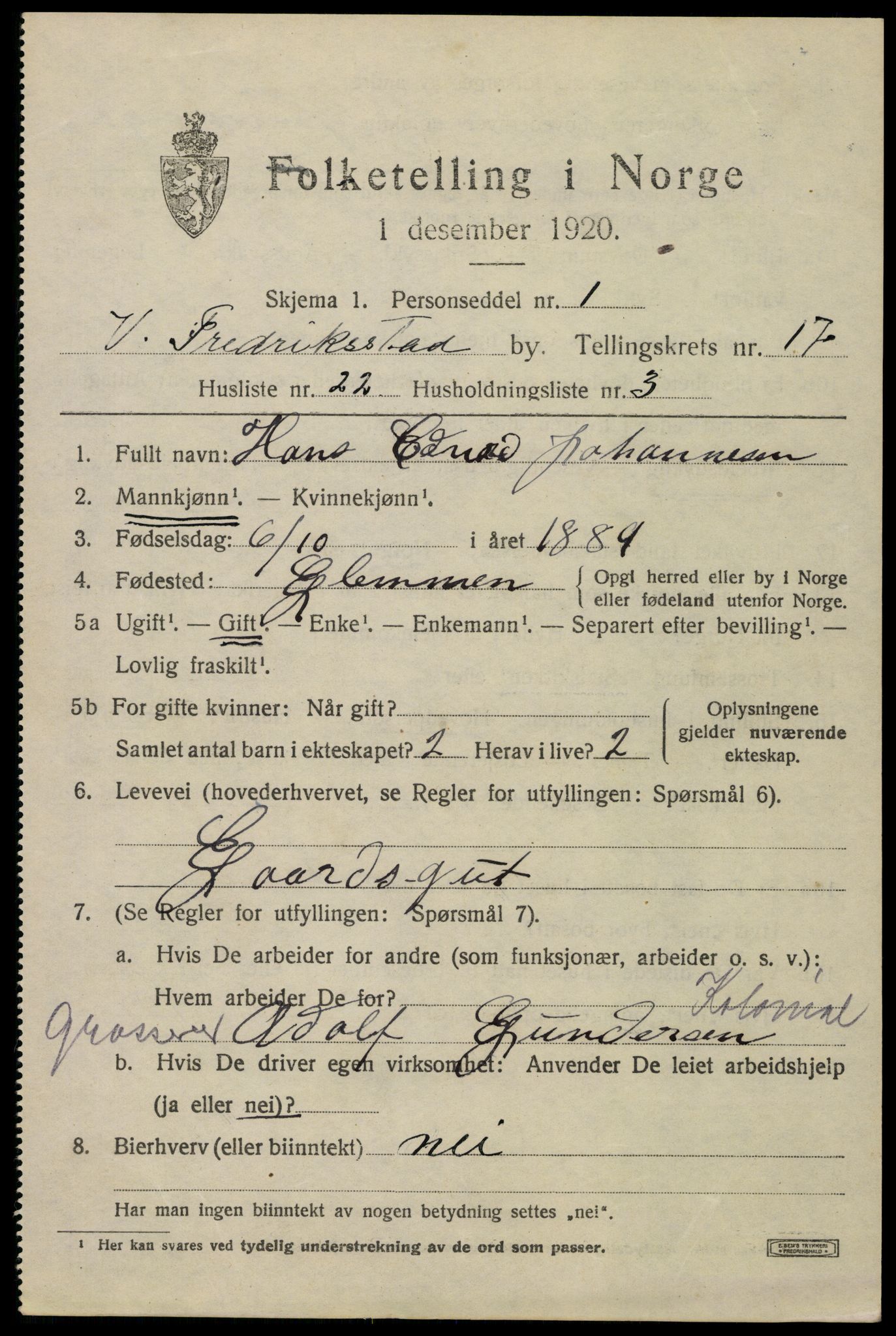 SAO, 1920 census for Fredrikstad, 1920, p. 39213