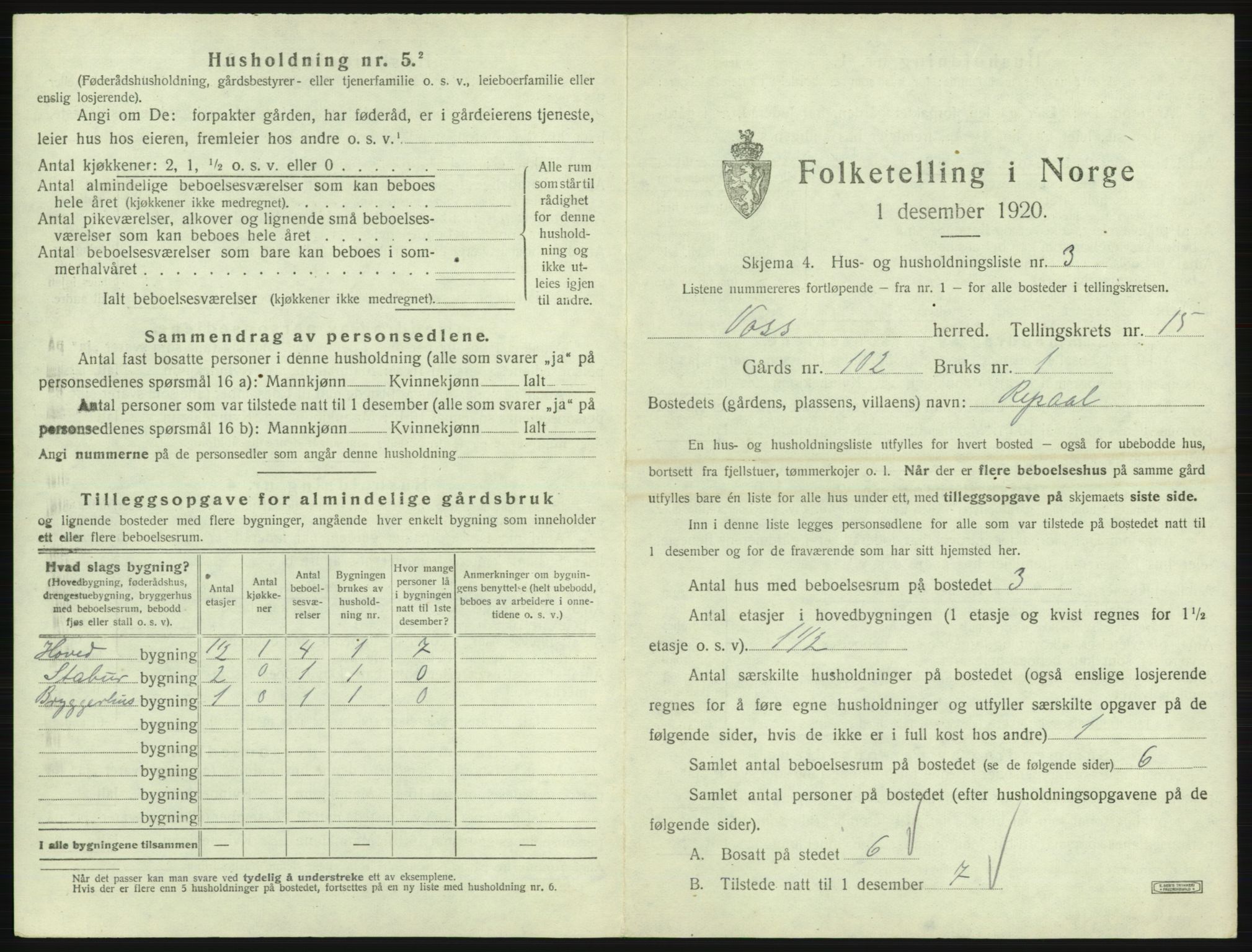 SAB, 1920 census for Voss, 1920, p. 1445