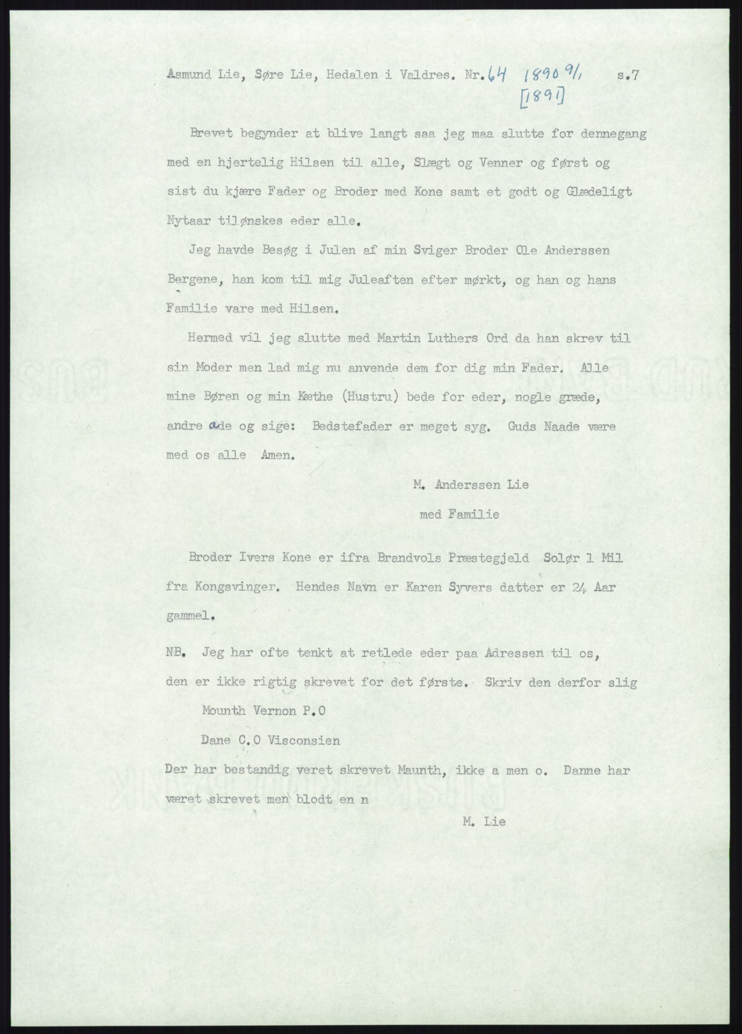 Samlinger til kildeutgivelse, Amerikabrevene, RA/EA-4057/F/L0012: Innlån fra Oppland: Lie (brevnr 1-78), 1838-1914, p. 911