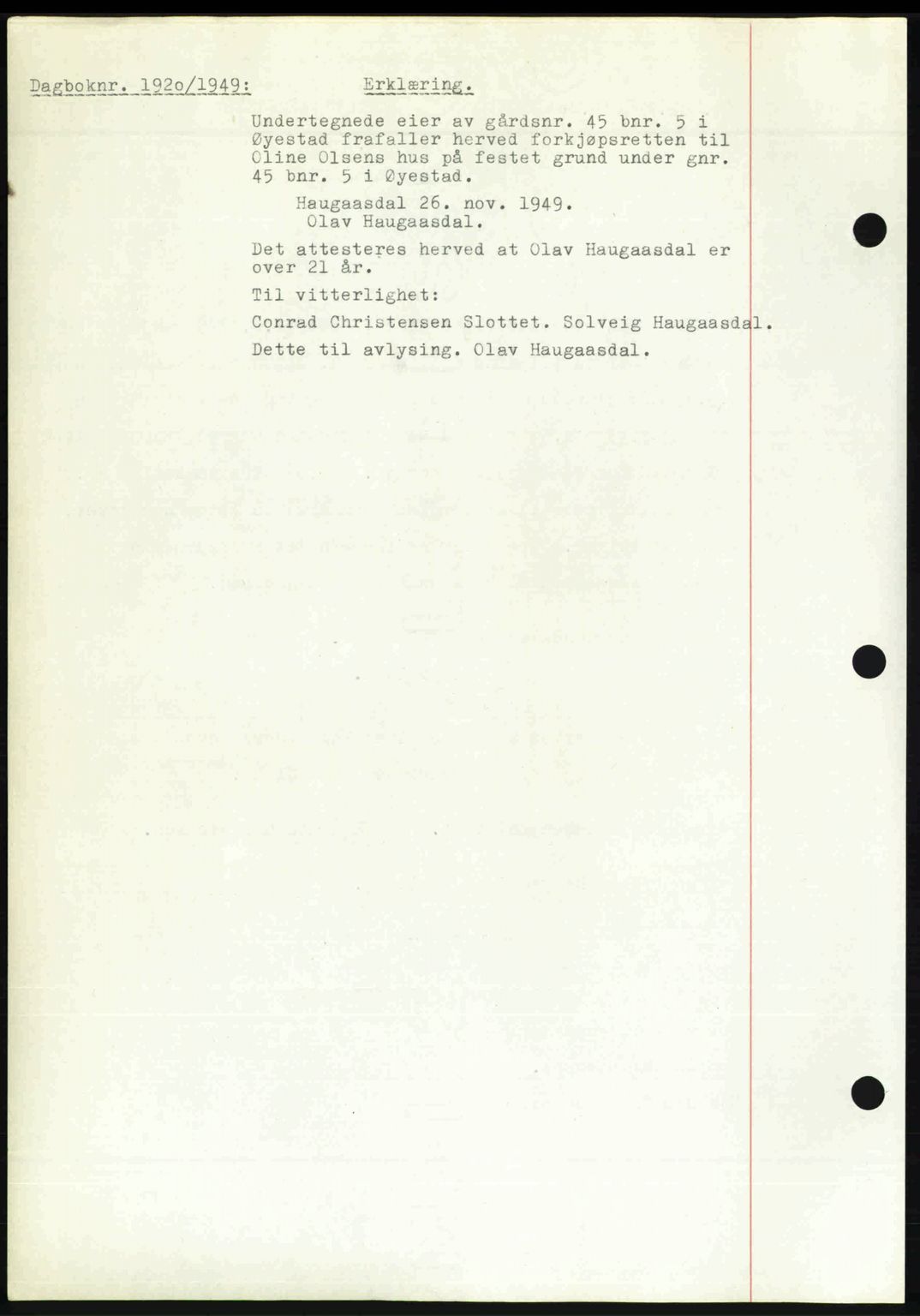 Nedenes sorenskriveri, SAK/1221-0006/G/Gb/Gba/L0061: Mortgage book no. A13, 1949-1949, Diary no: : 1920/1949