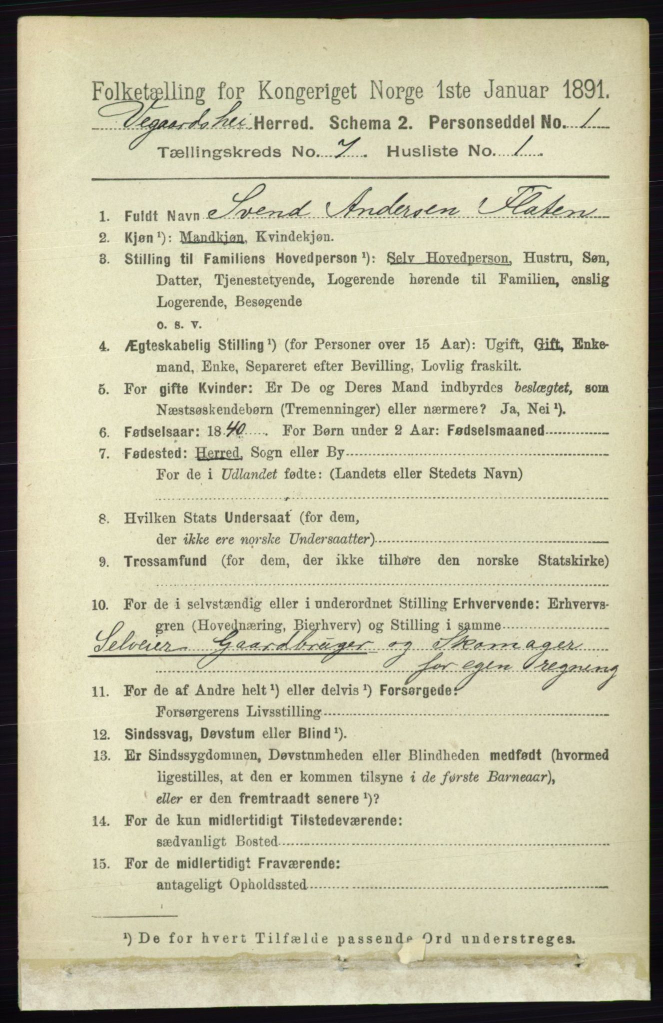 RA, 1891 census for 0912 Vegårshei, 1891, p. 1334