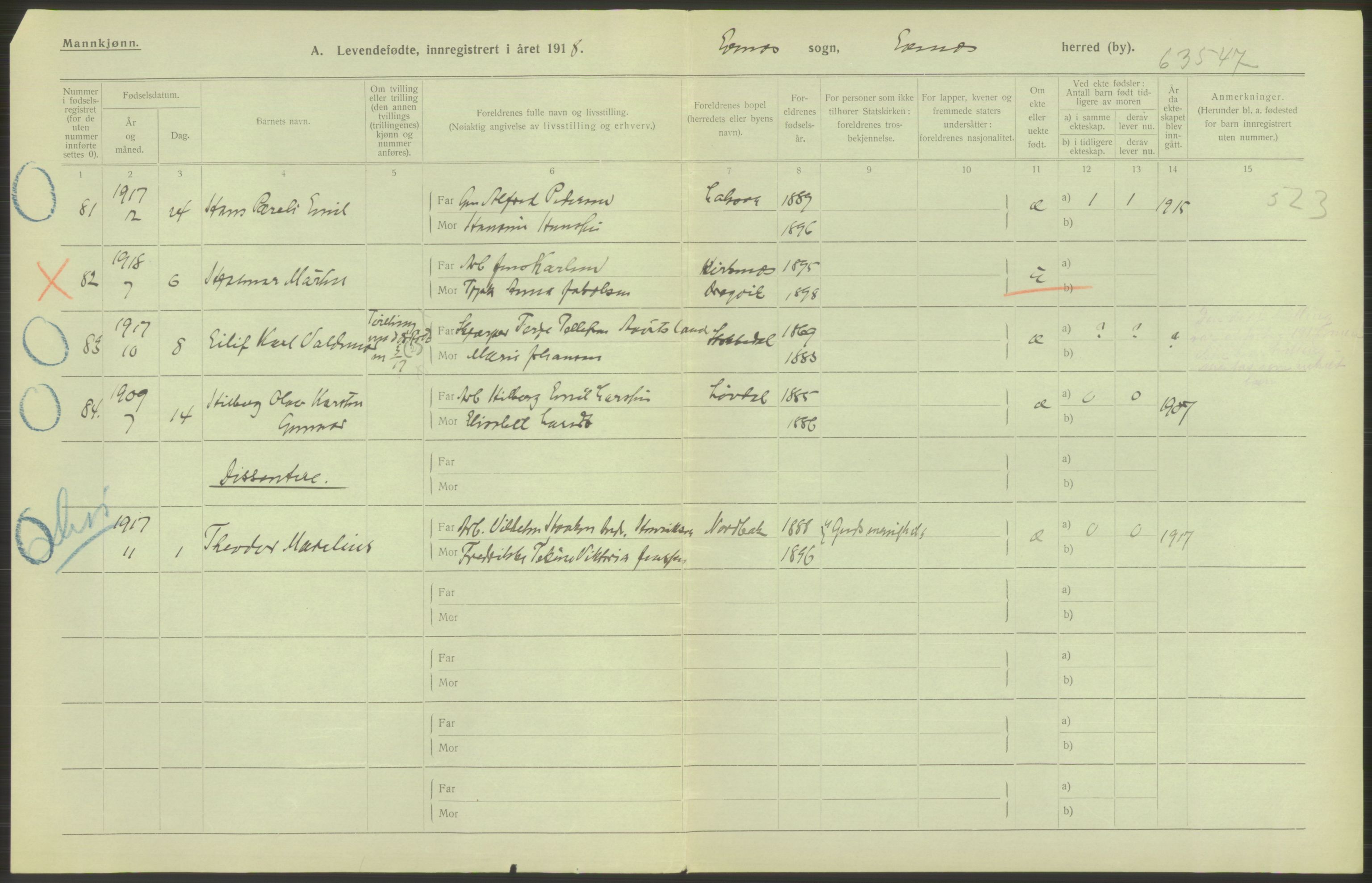 Statistisk sentralbyrå, Sosiodemografiske emner, Befolkning, RA/S-2228/D/Df/Dfb/Dfbh/L0052: Nordland fylke: Levendefødte menn og kvinner. Bygder., 1918, p. 386