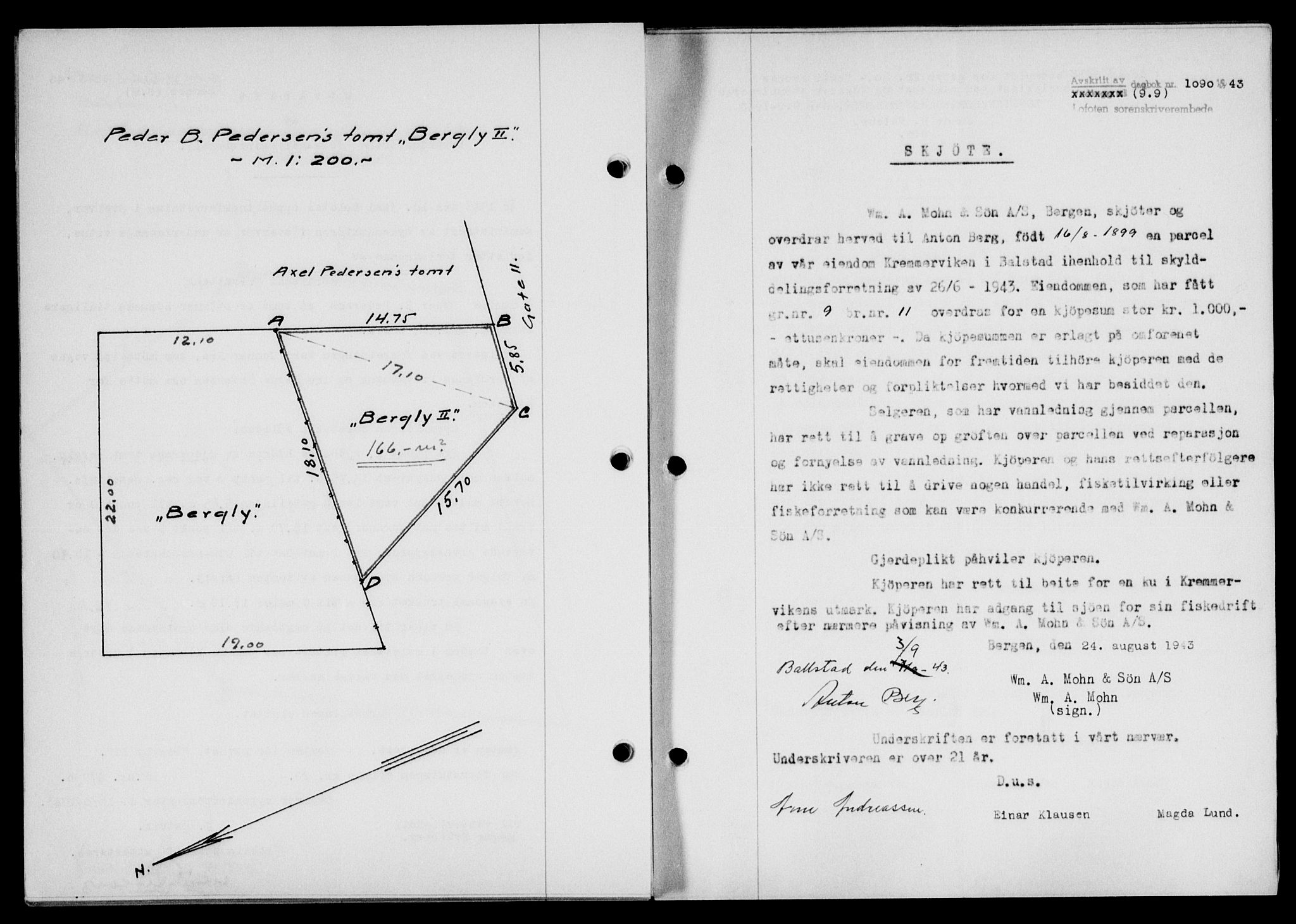 Lofoten sorenskriveri, SAT/A-0017/1/2/2C/L0011a: Mortgage book no. 11a, 1943-1943, Diary no: : 1090/1943