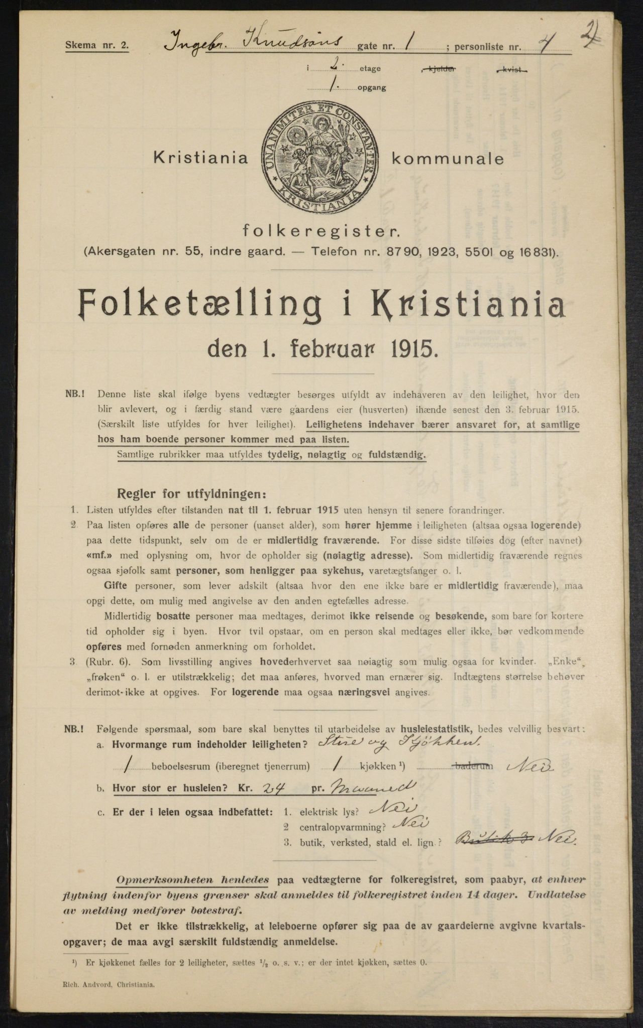 OBA, Municipal Census 1915 for Kristiania, 1915, p. 43304