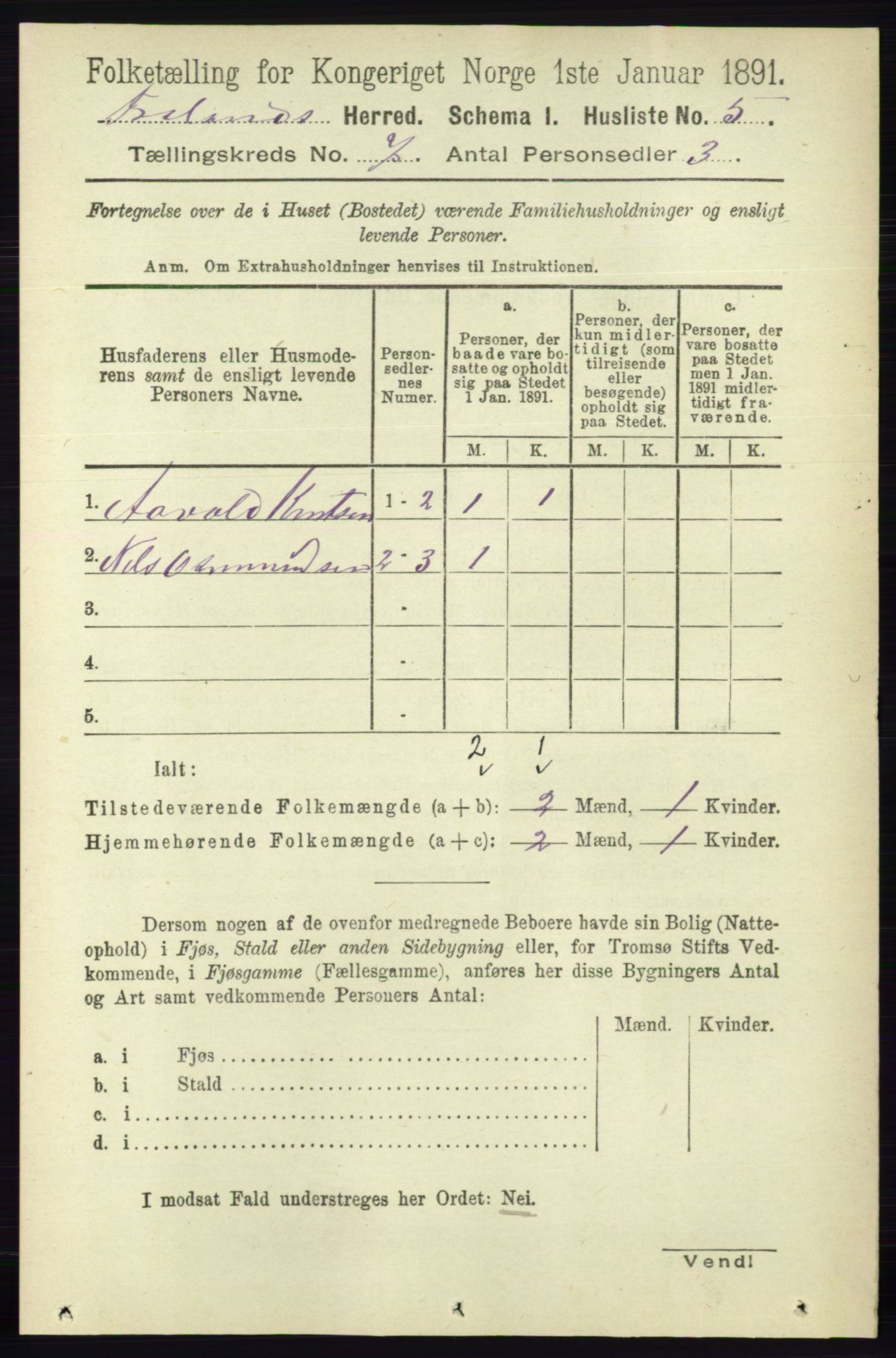 RA, 1891 census for 0919 Froland, 1891, p. 2629